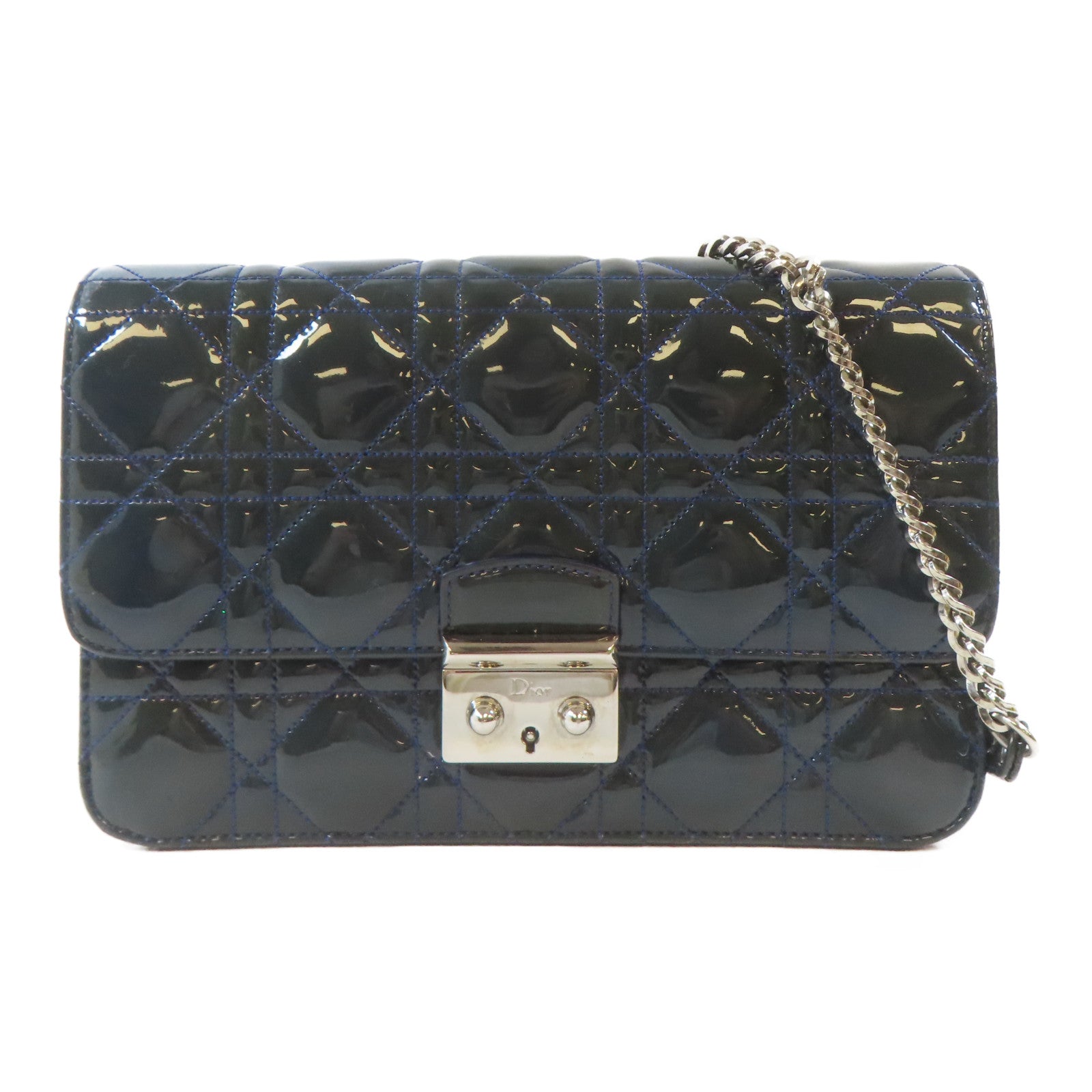 Dior 漆皮皮革Miss Dior Promenade Pouch銀扣鏈帶肩背袋深綠色