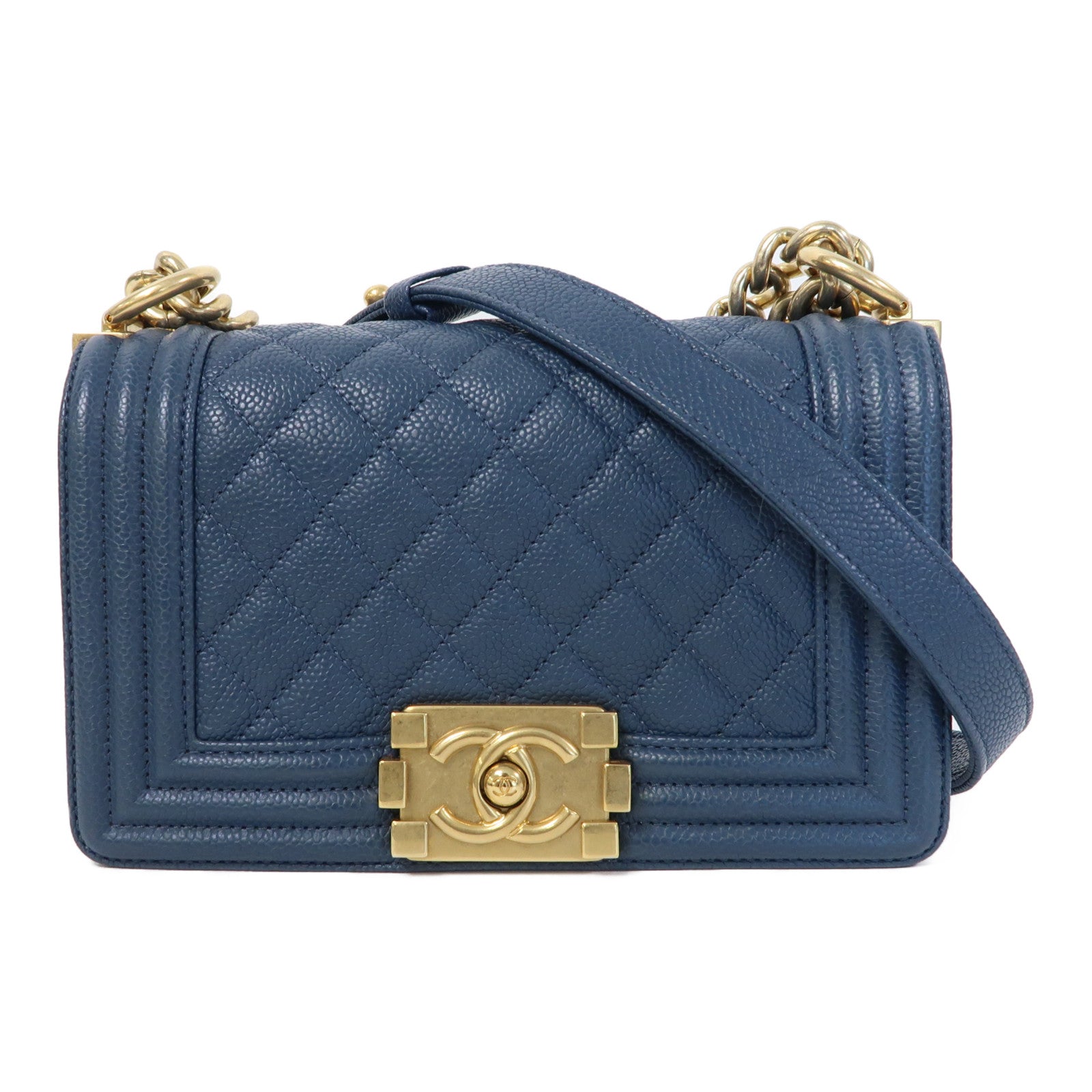 CHANEL Caviar皮革Boy 20cm金扣鏈帶肩背袋藍色