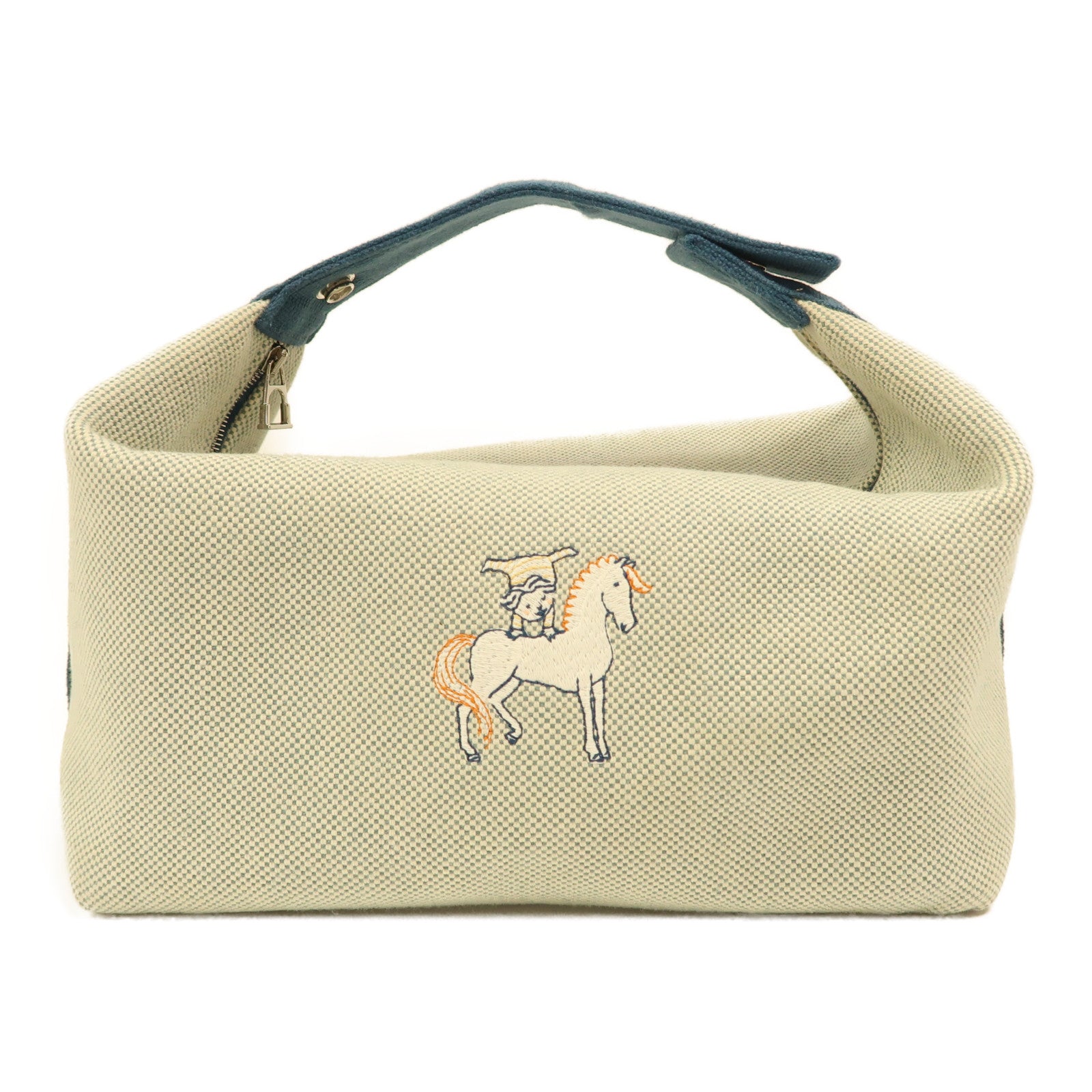 HERMES 帆布Bride A Brac GM銀扣手挽袋藍色