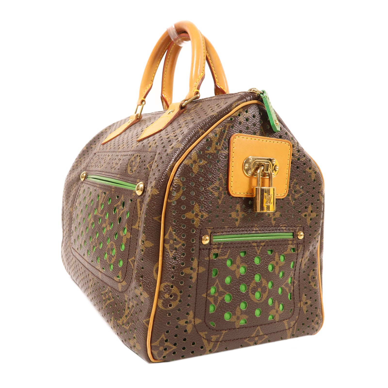 LOUIS VUITTON Monogram Perforated Speedy 30金扣手挽袋棕色/綠色