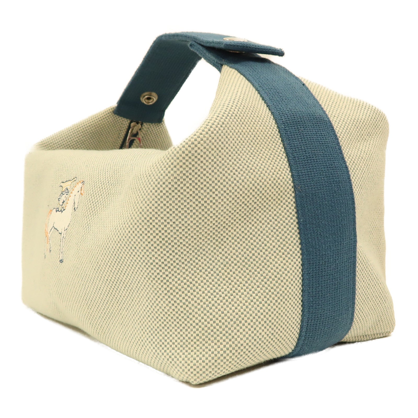 HERMES 帆布Bride A Brac GM銀扣手挽袋藍色