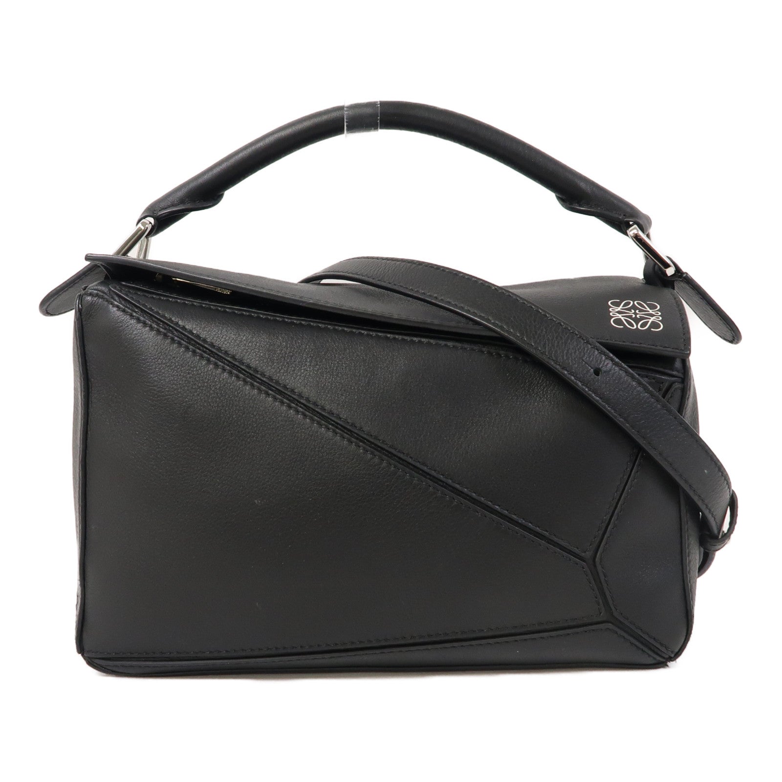 LOEWE 牛皮皮革Small Puzzle銀扣手挽肩背兩用袋黑色