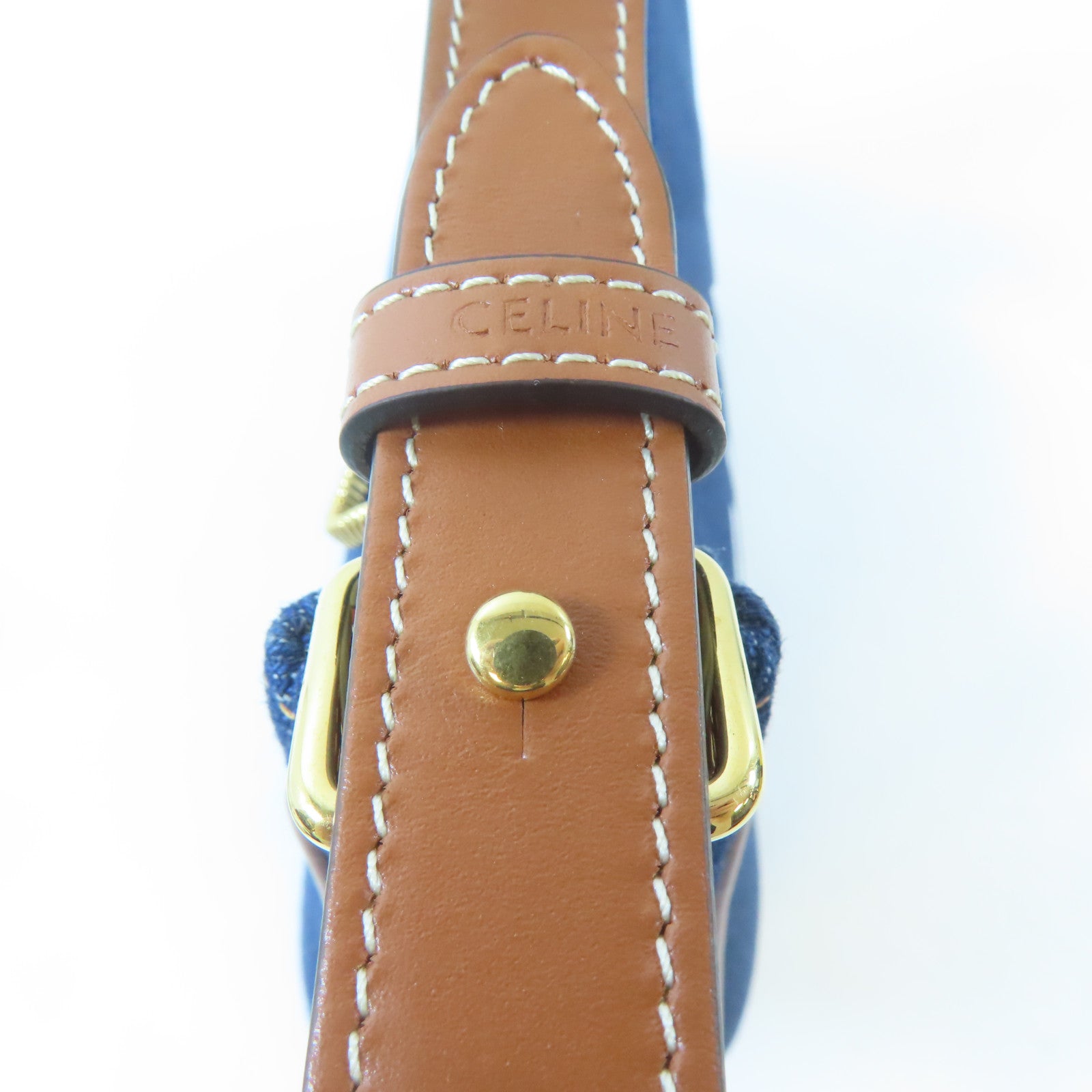 CELINE 牛仔布料/皮革Ava Bag金扣肩背袋藍色/啡色