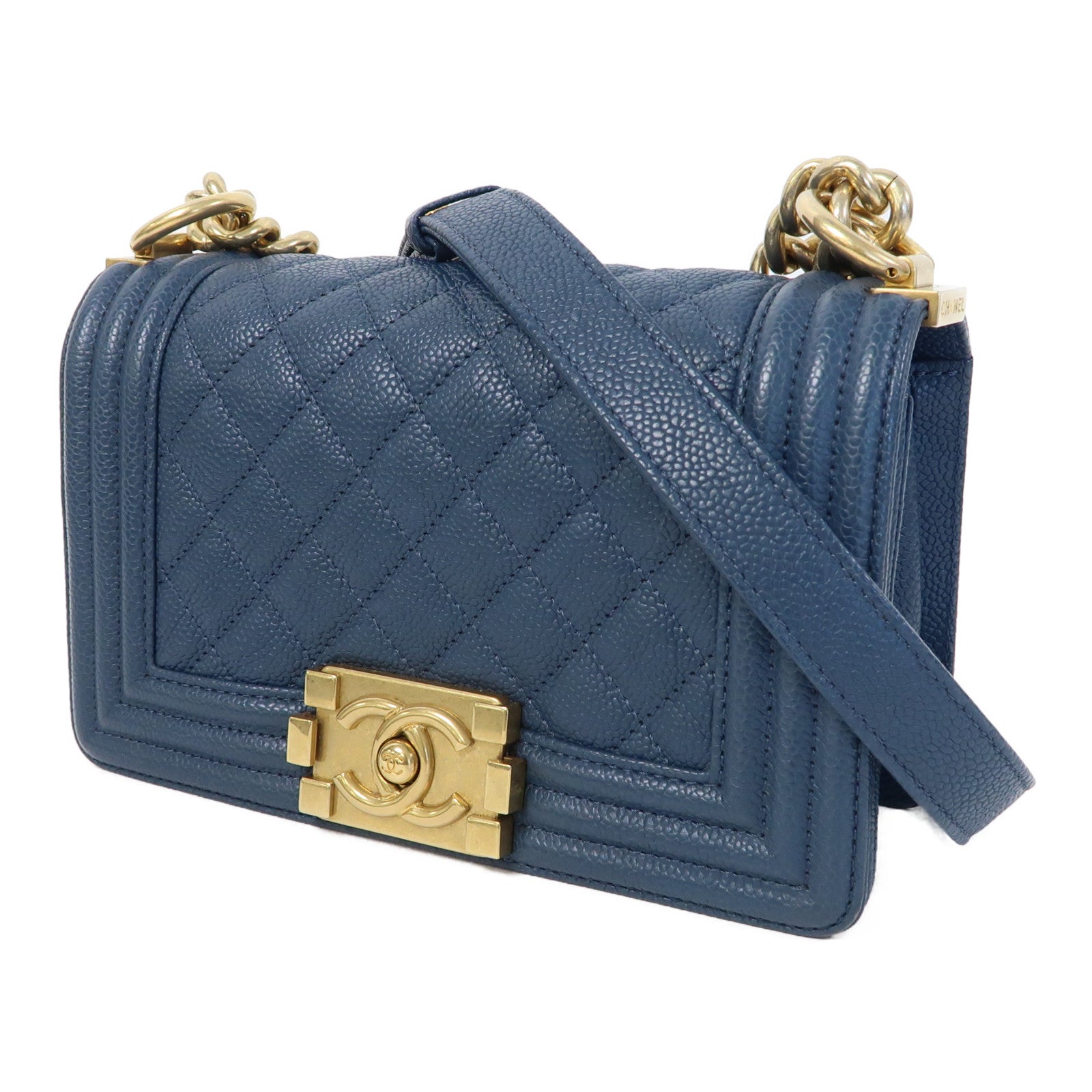 CHANEL Caviar皮革Boy 20cm金扣鏈帶肩背袋藍色