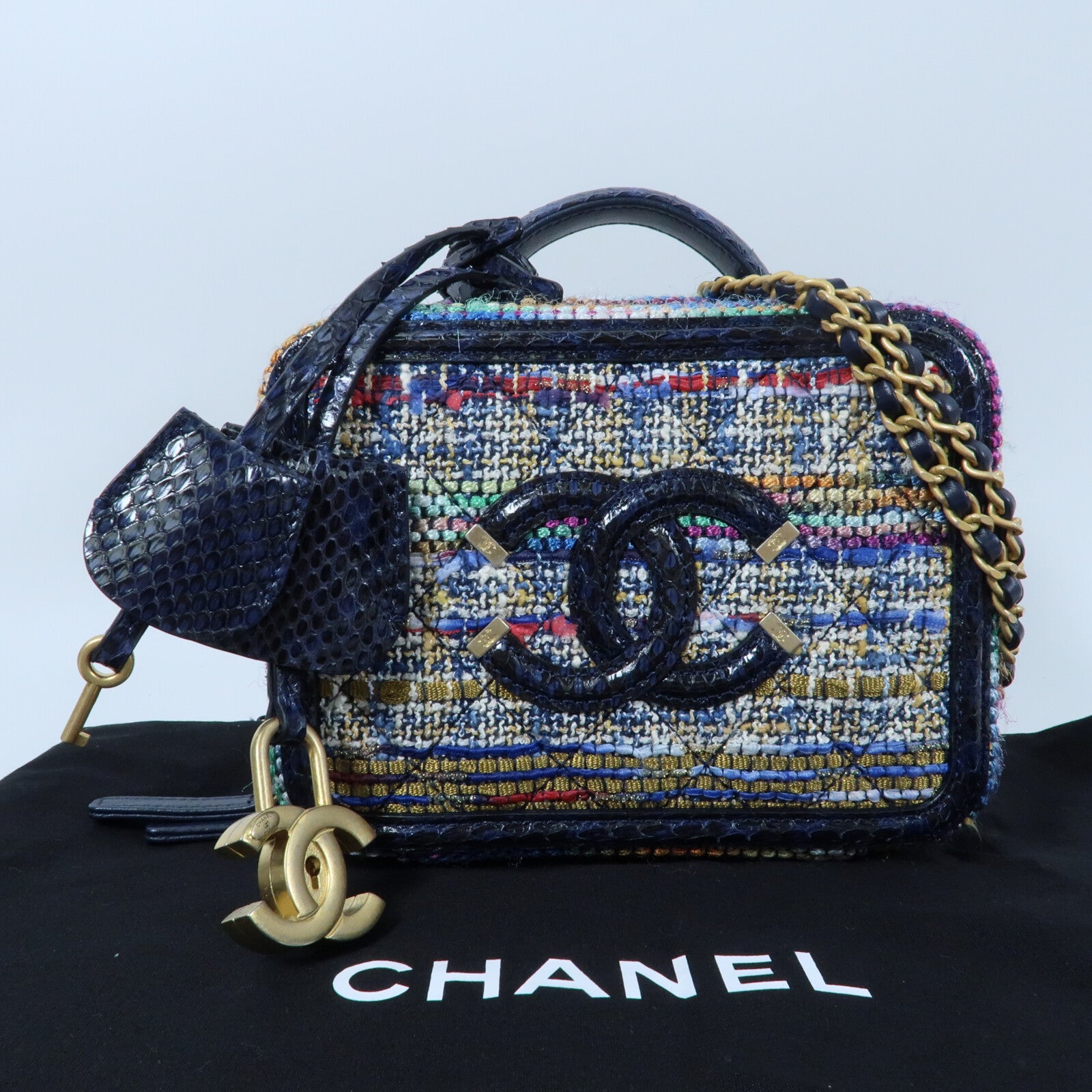 CHANEL Tweed/蛇皮皮革Vanity Case 17cm金扣鏈帶手挽肩背兩用袋