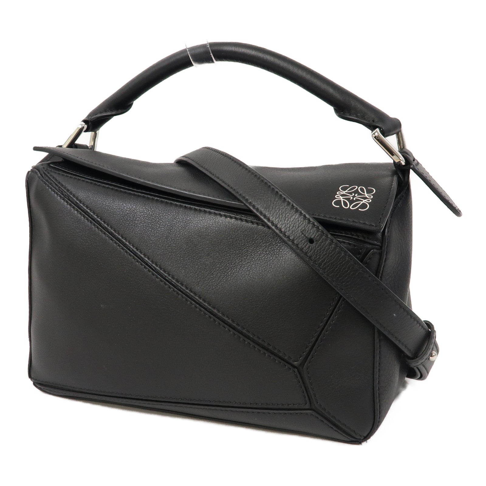 LOEWE 牛皮皮革Small Puzzle銀扣手挽肩背兩用袋黑色