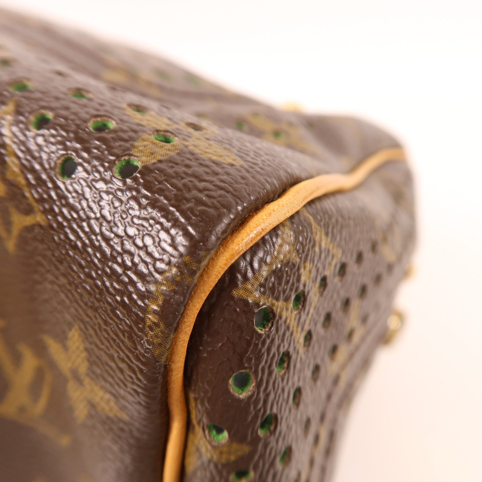 LOUIS VUITTON Monogram Perforated Speedy 30金扣手挽袋棕色/綠色