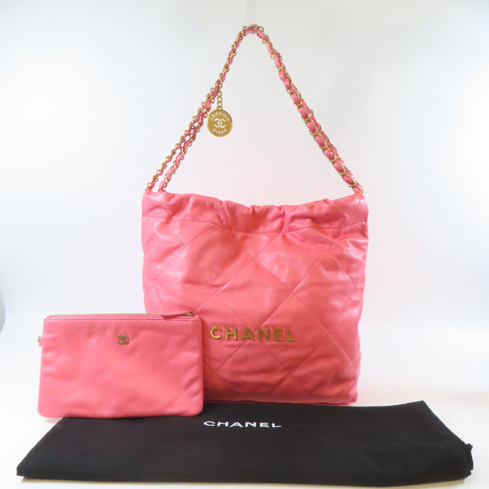 CHANEL 【激減優惠】菱格牛皮皮革C22 Small金扣鏈帶肩背袋粉紅色