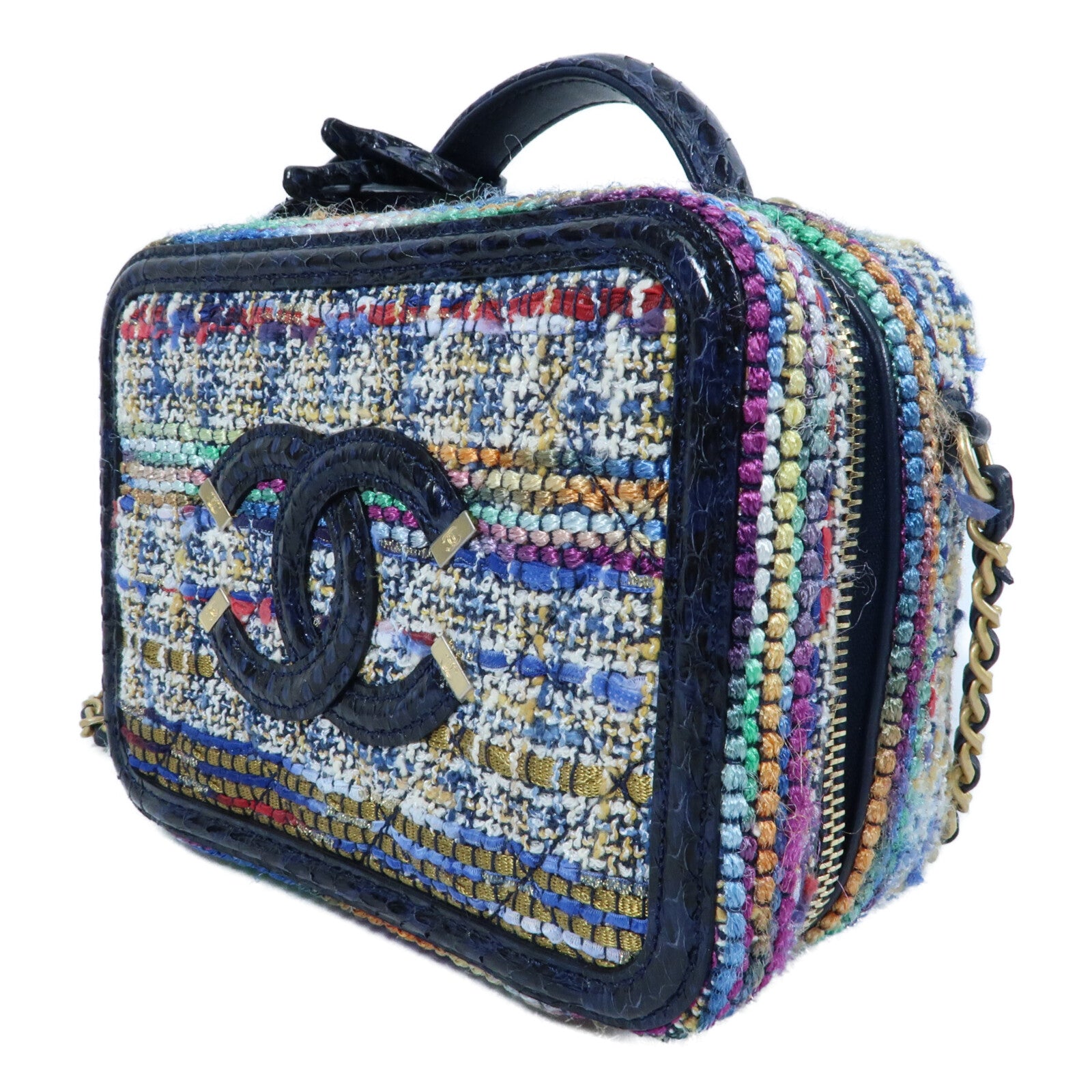 CHANEL Tweed/蛇皮皮革Vanity Case 17cm金扣鏈帶手挽肩背兩用袋