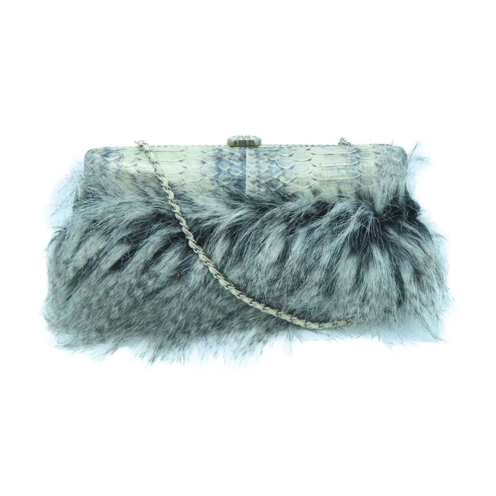 CHANEL Snakeskin Leather / Furry Clutch With Chain Silver Buckle Chain Shoulder Bag White