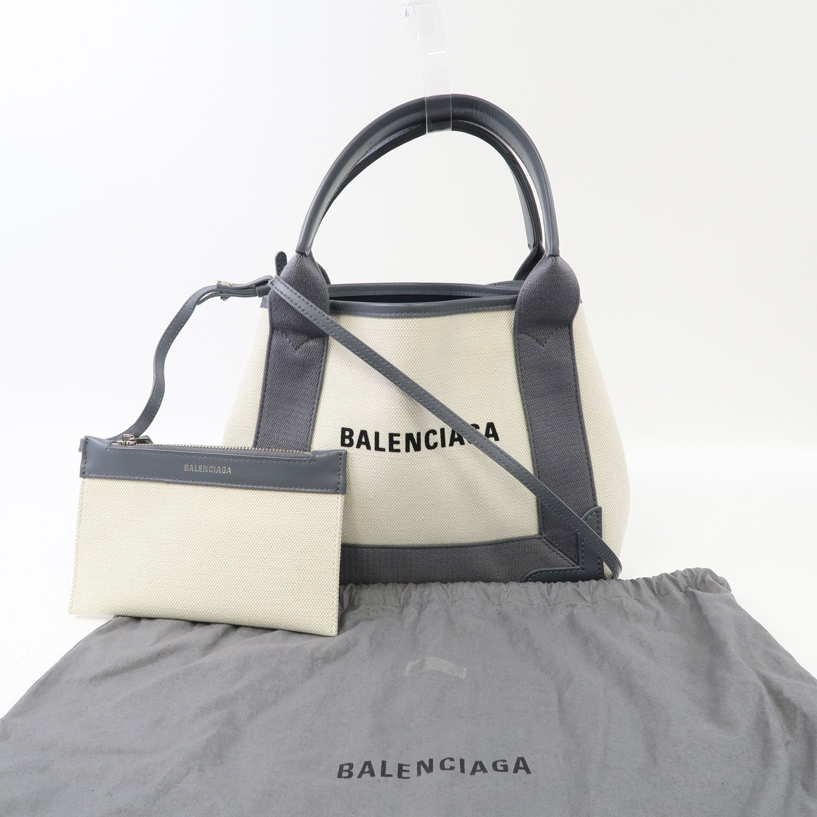 BALENCIAGA 帆布Cabas Tote Bag XS銀扣手挽肩背兩用袋灰色/白色