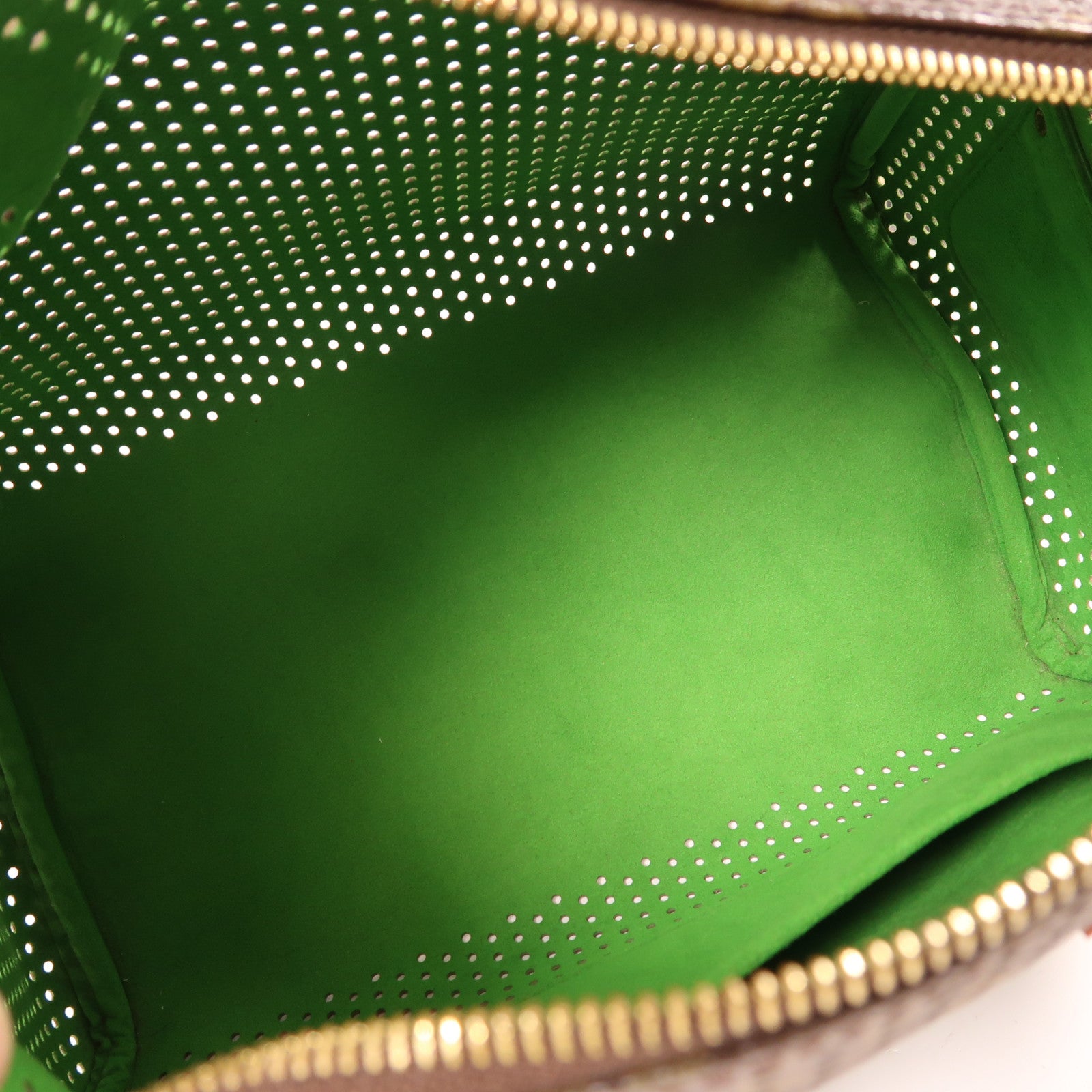 LOUIS VUITTON Monogram Perforated Speedy 30金扣手挽袋棕色/綠色