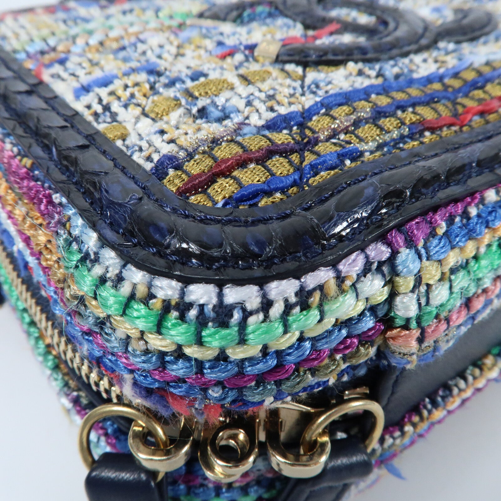 CHANEL Tweed/蛇皮皮革Vanity Case 17cm金扣鏈帶手挽肩背兩用袋