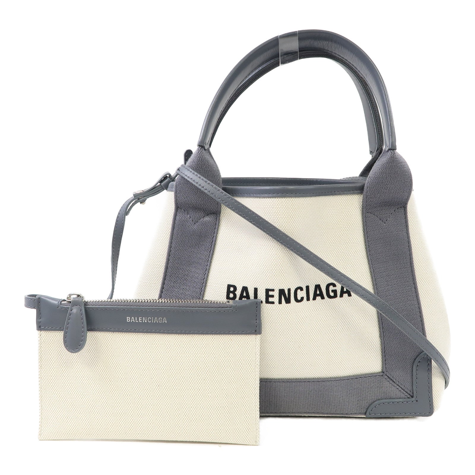 BALENCIAGA 帆布Cabas Tote Bag XS銀扣手挽肩背兩用袋灰色/白色
