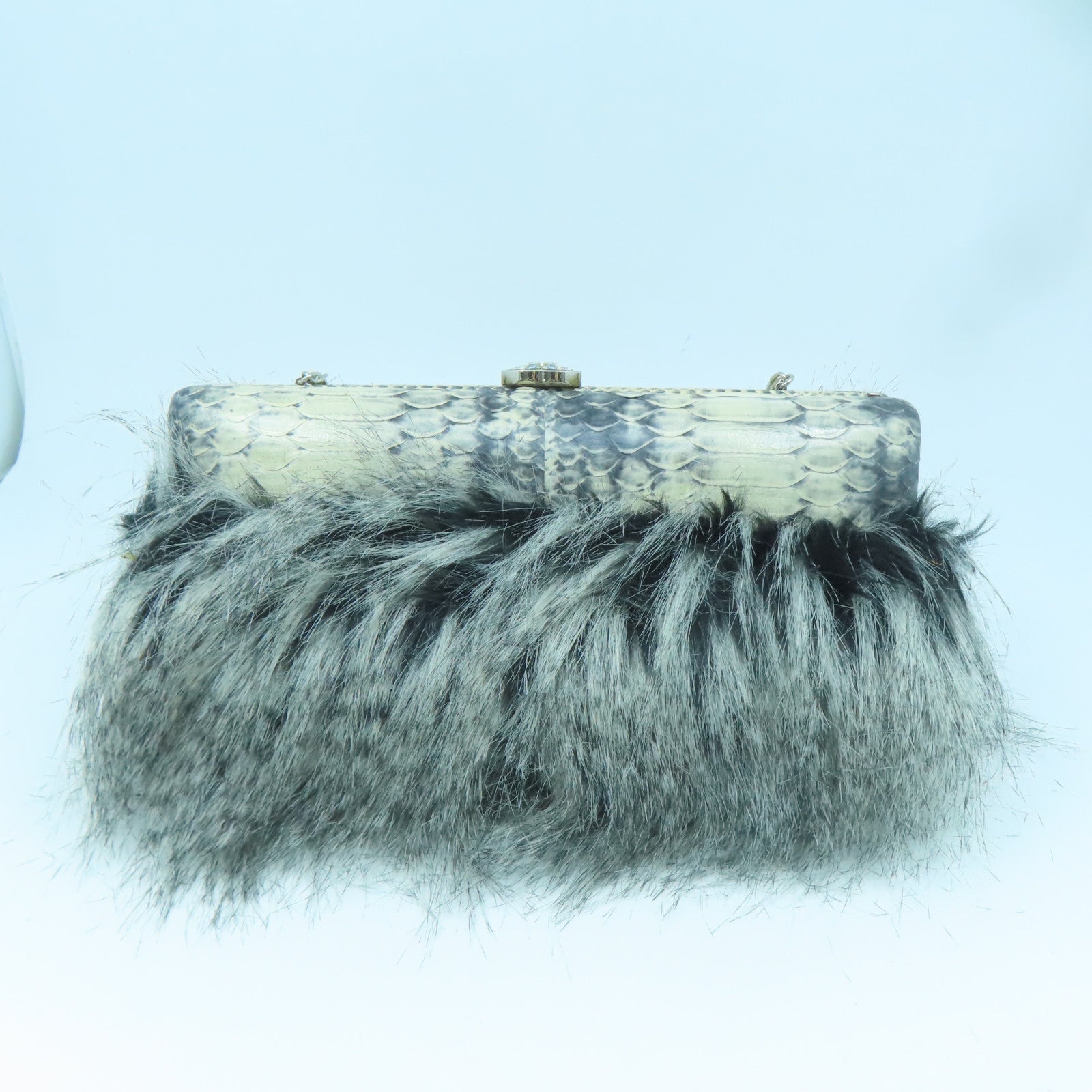CHANEL Snakeskin Leather / Furry Clutch With Chain Silver Buckle Chain Shoulder Bag White