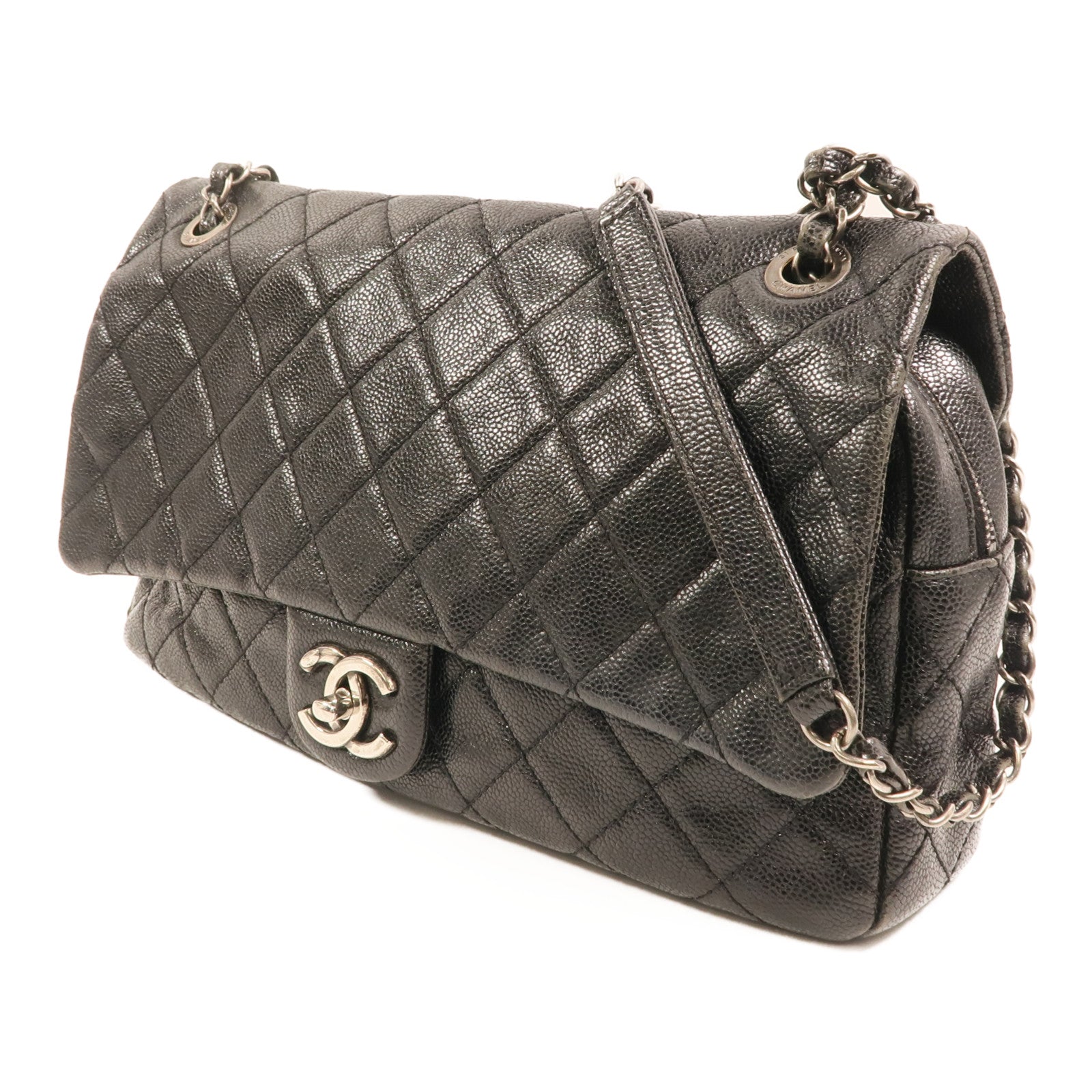 CHANEL 牛皮皮革Chain Shoulder銀扣鏈帶肩背袋