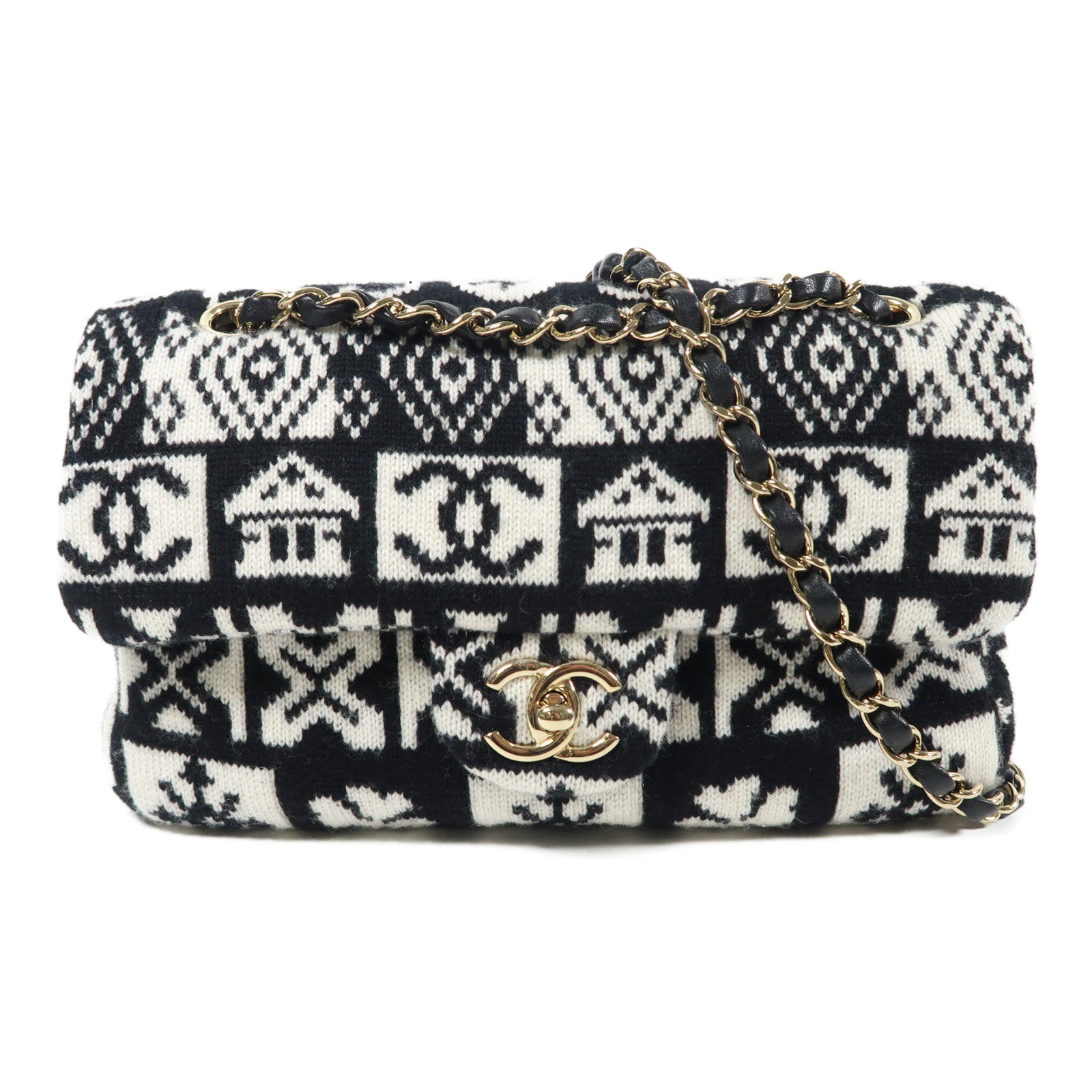 CHANEL 軟呢Chain Shoulder金扣鏈帶肩背袋黑色/白色