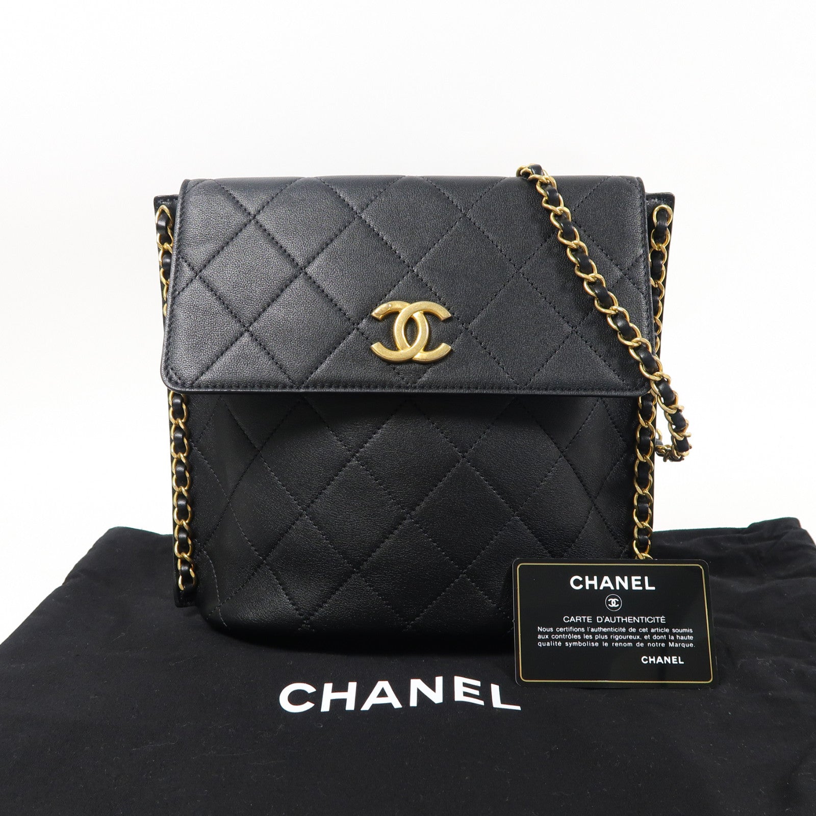 CHANEL 菱格牛皮皮革Chain Shoulder金扣鏈帶肩背袋黑色