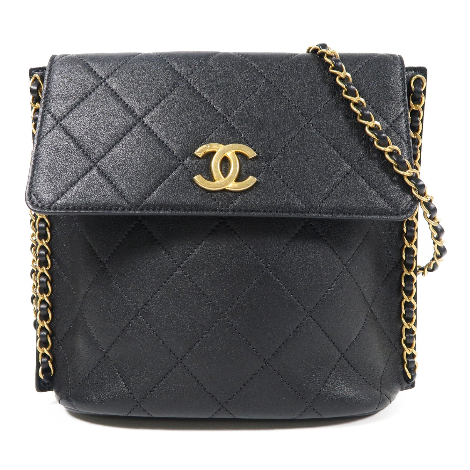 CHANEL 菱格牛皮皮革Chain Shoulder金扣鏈帶肩背袋黑色