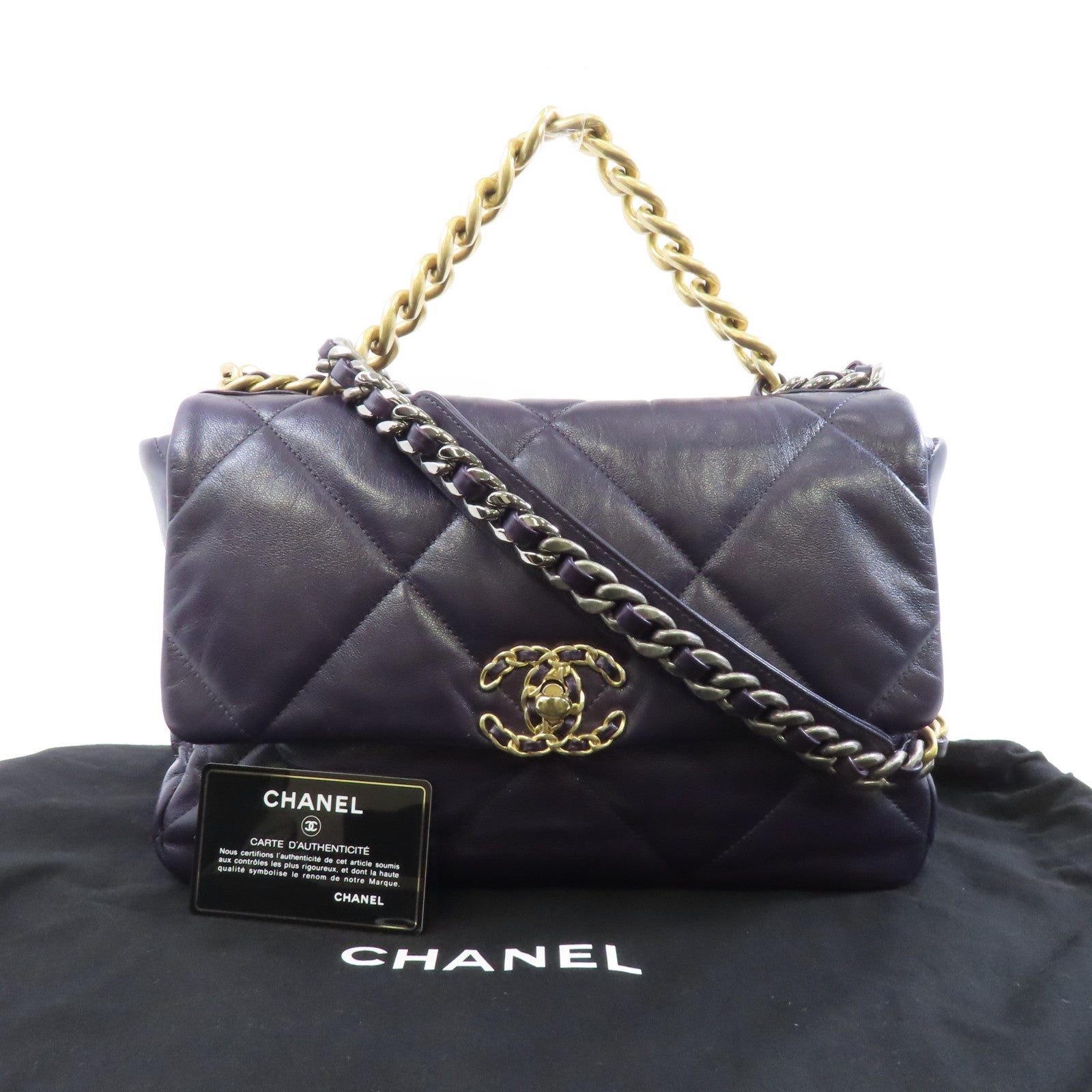 CHANEL 菱格羊皮皮革19 Medium手挽肩背兩用袋紫色