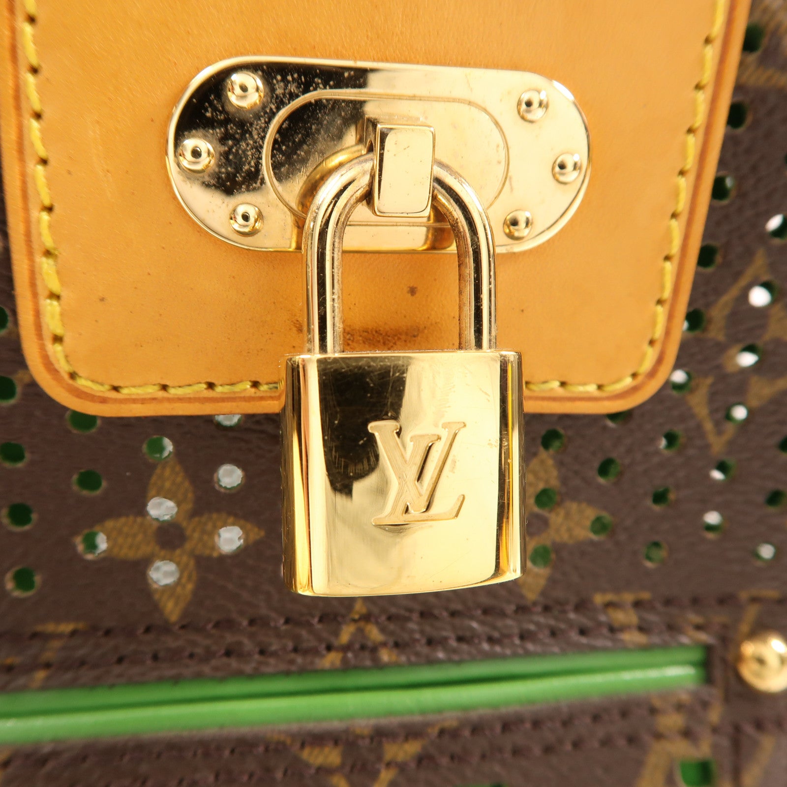 LOUIS VUITTON Monogram Perforated Speedy 30金扣手挽袋棕色/綠色