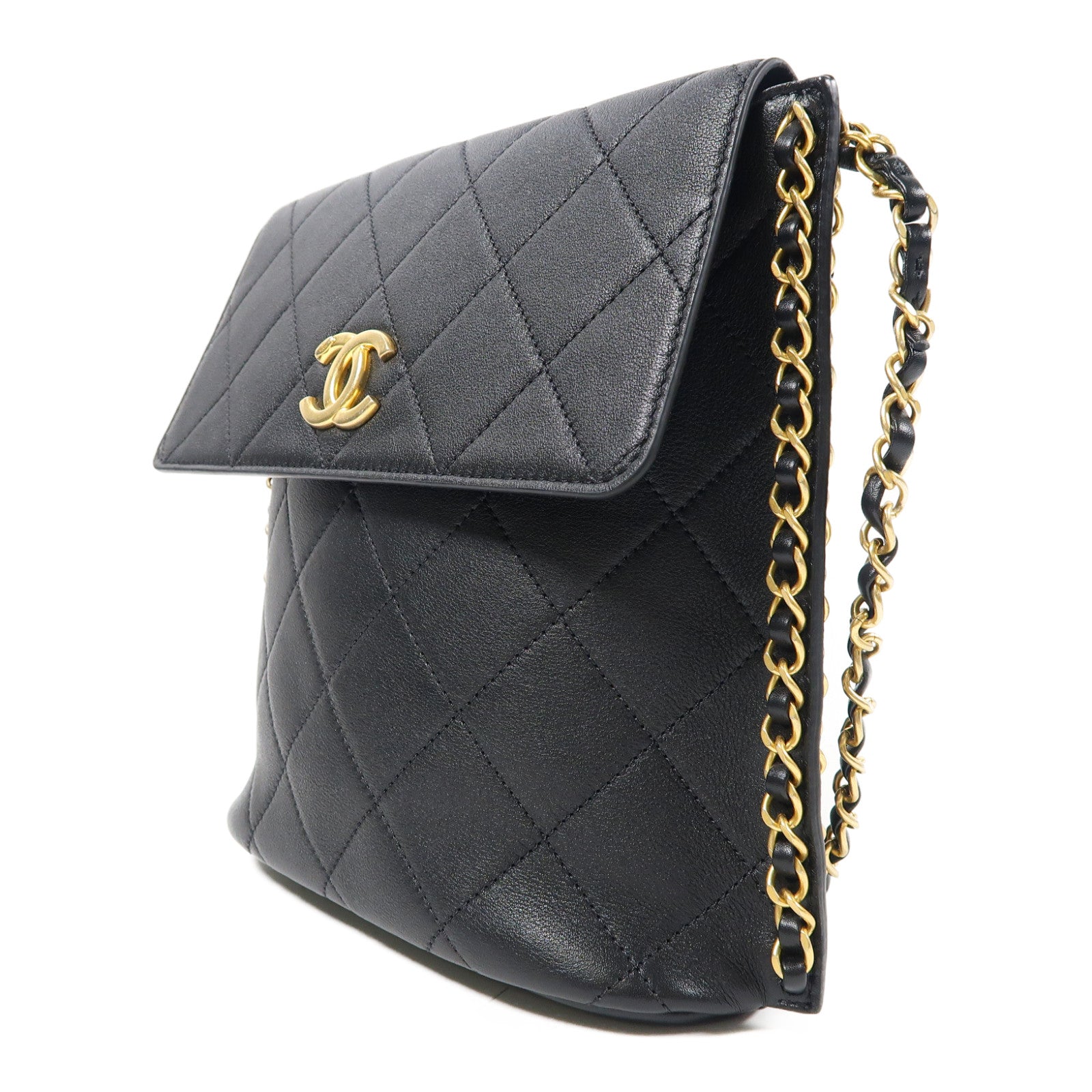 CHANEL 菱格牛皮皮革Chain Shoulder金扣鏈帶肩背袋黑色