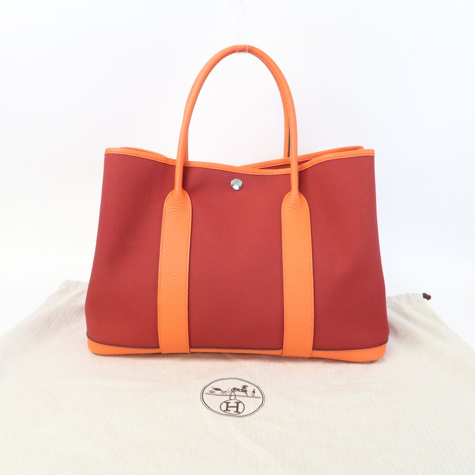 HERMES 【清倉大減價】帆布GardenParty PM銀扣手挽袋Rouge Grenat橙色/紅色