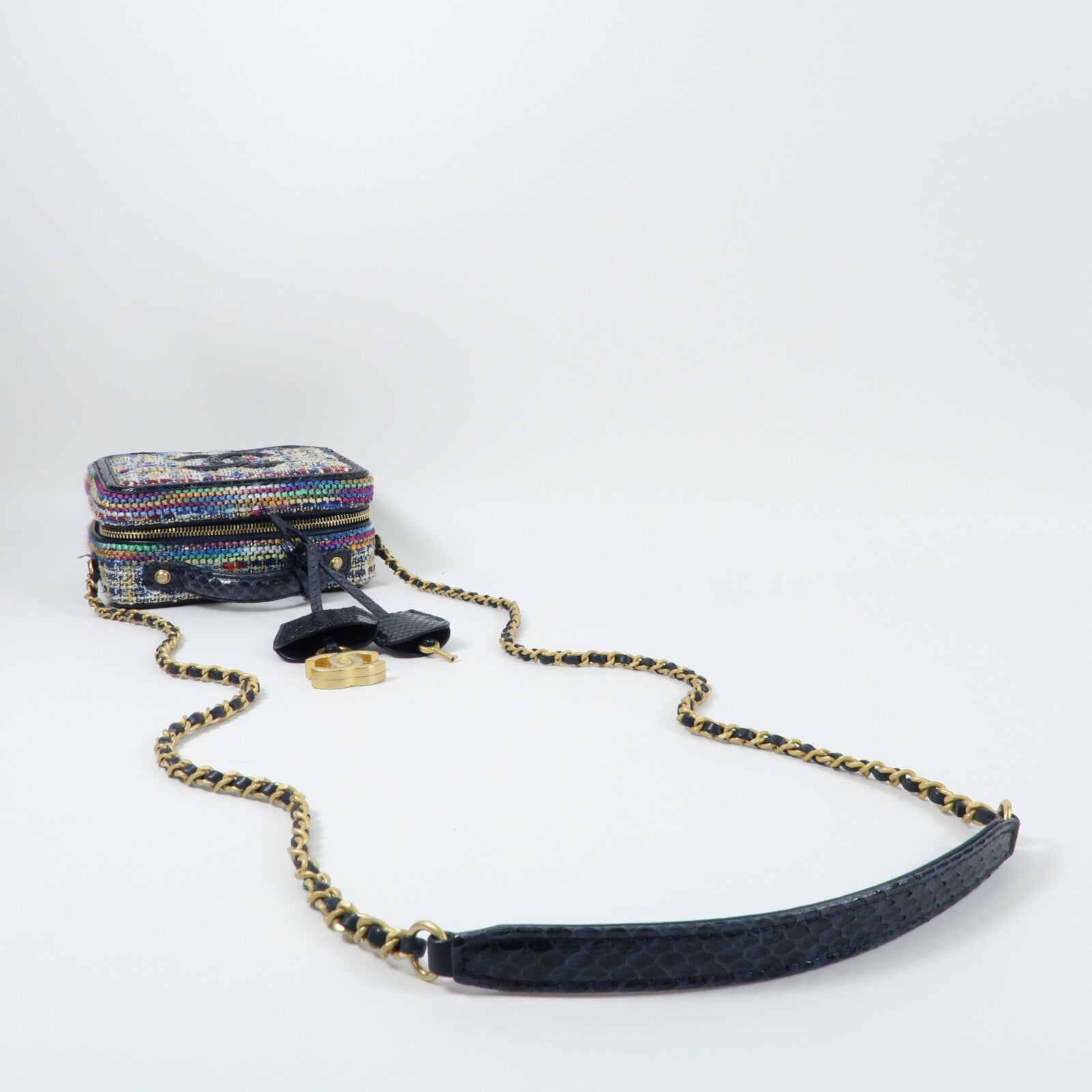 CHANEL Tweed/蛇皮皮革Vanity Case 17cm金扣鏈帶手挽肩背兩用袋