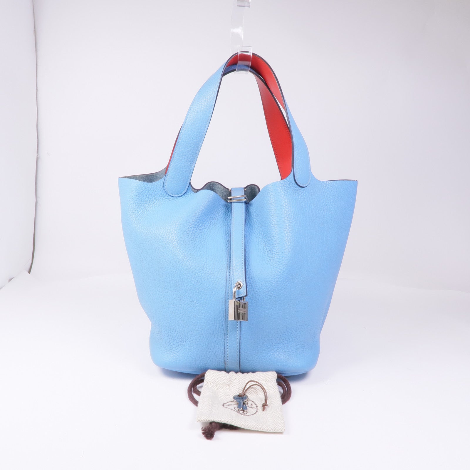 HERMES Clemence皮革Picotin MM銀扣手挽袋Bleu Atoll/Rouge De Coeur