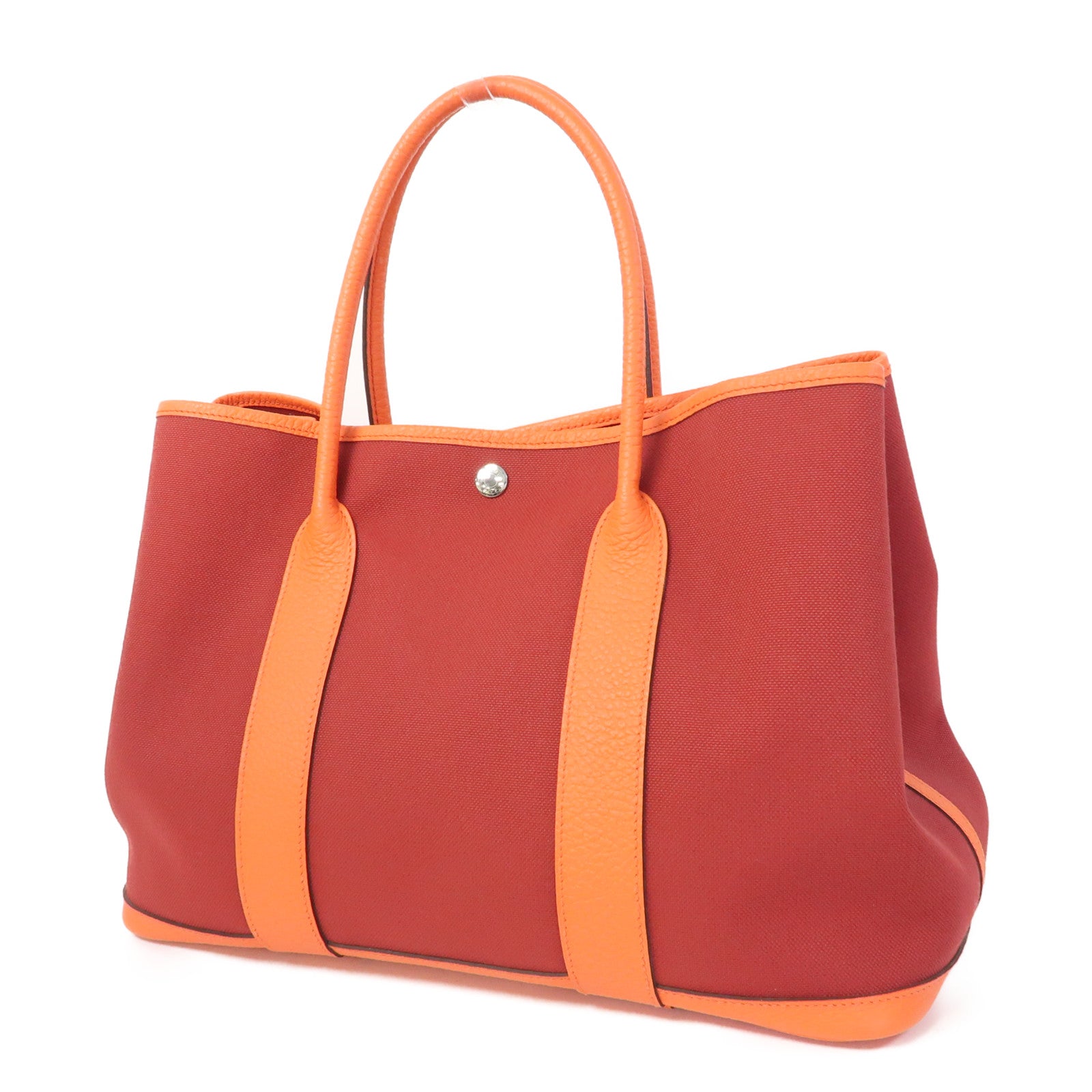 HERMES 【清倉大減價】帆布GardenParty PM銀扣手挽袋Rouge Grenat橙色/紅色