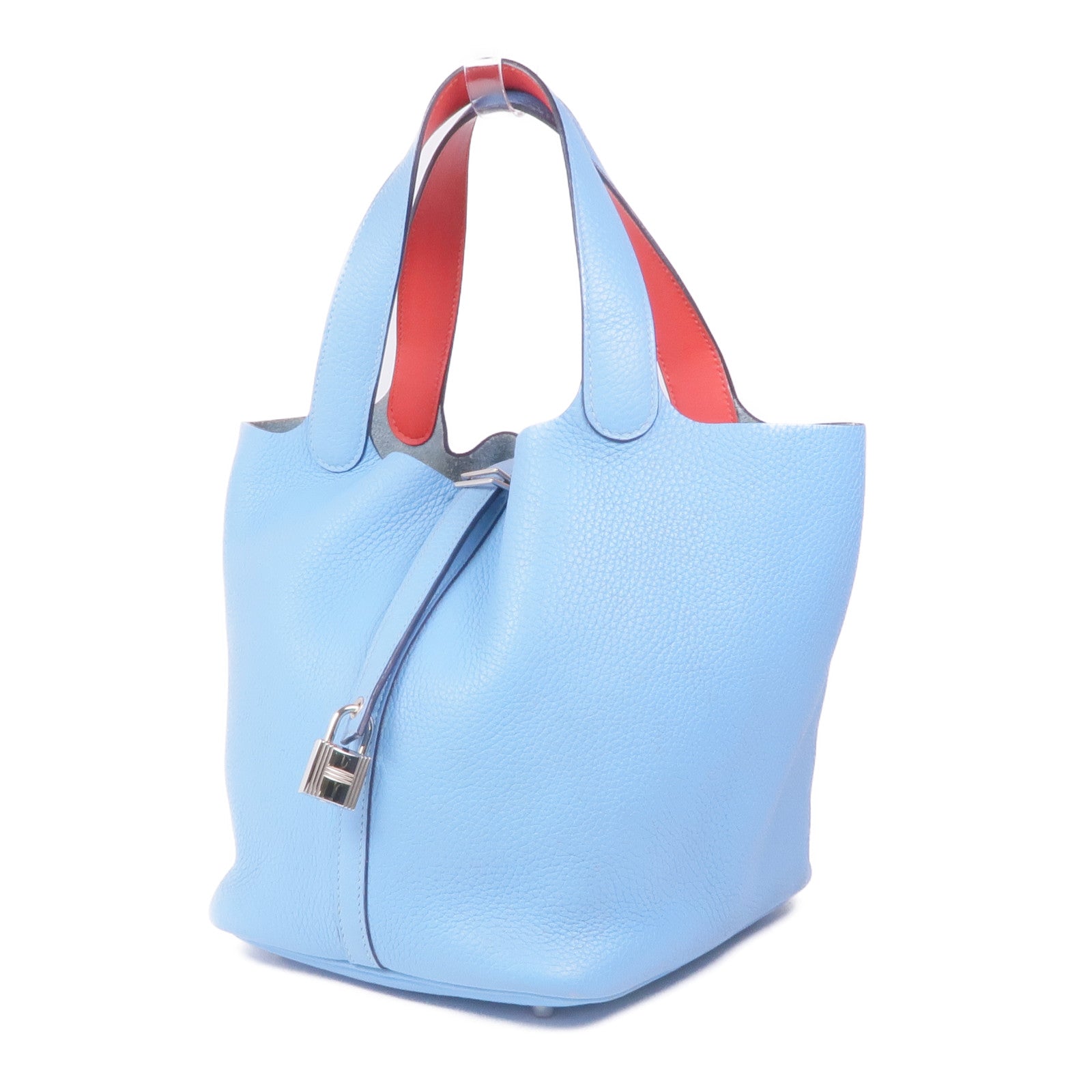 HERMES Clemence皮革Picotin MM銀扣手挽袋Bleu Atoll/Rouge De Coeur