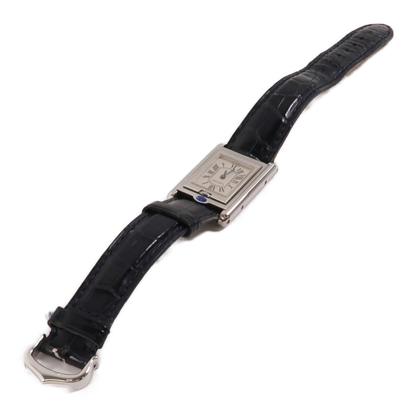 CARTIER Tank Basculante不鏽鋼/鱷魚皮革帶手錶石英機芯米色