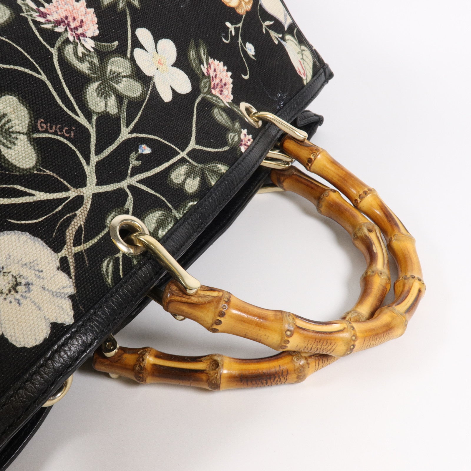 GUCCI 帆布Flora Knight Bamboo Shopper Medium Tote手挽肩背兩用袋