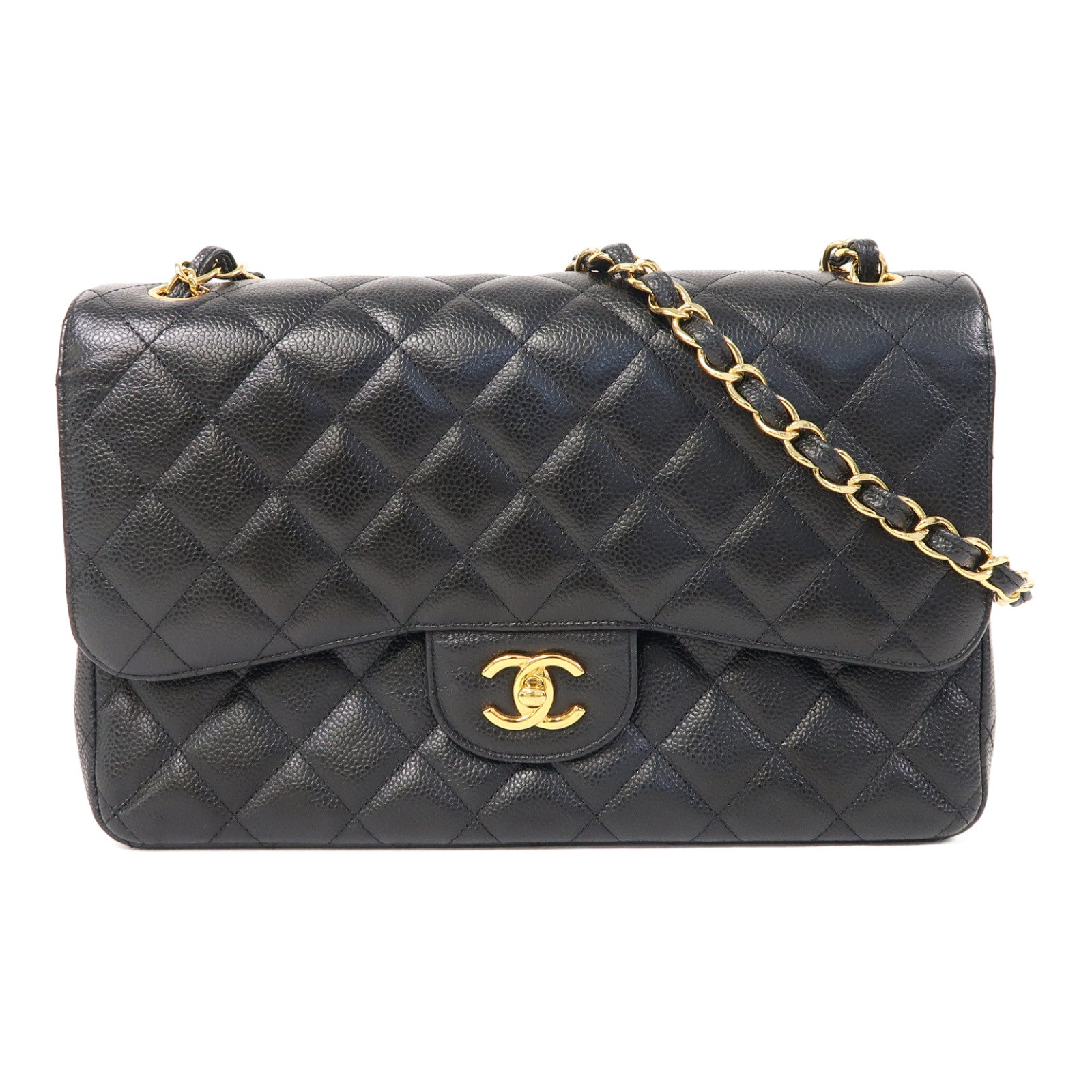 CHANEL 【激減優惠】菱格牛皮皮革Large Classic金扣鏈帶肩背袋黑色