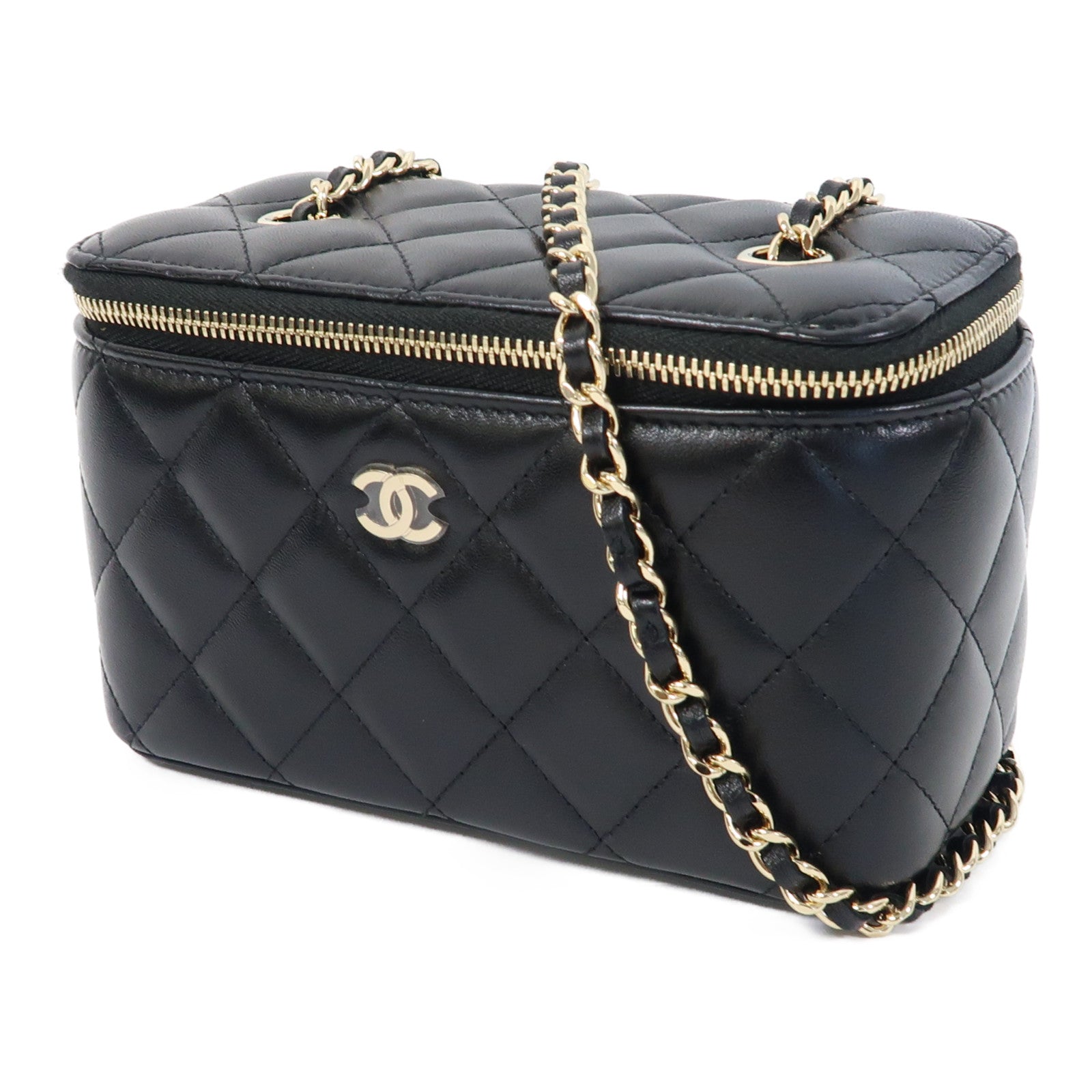 CHANEL 【激減優惠】菱格羊皮皮革Vanity Case金扣鏈帶肩背袋黑色