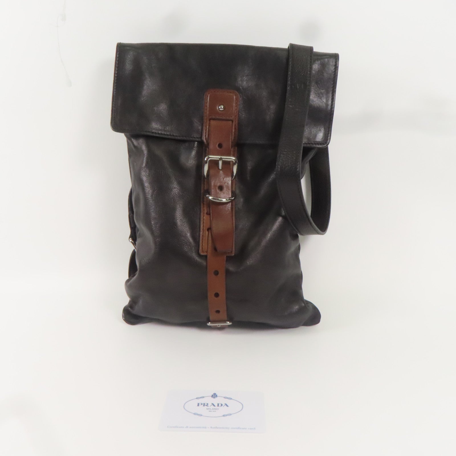 PRADA 牛皮皮革Shoulder Bag銀扣肩背袋黑色