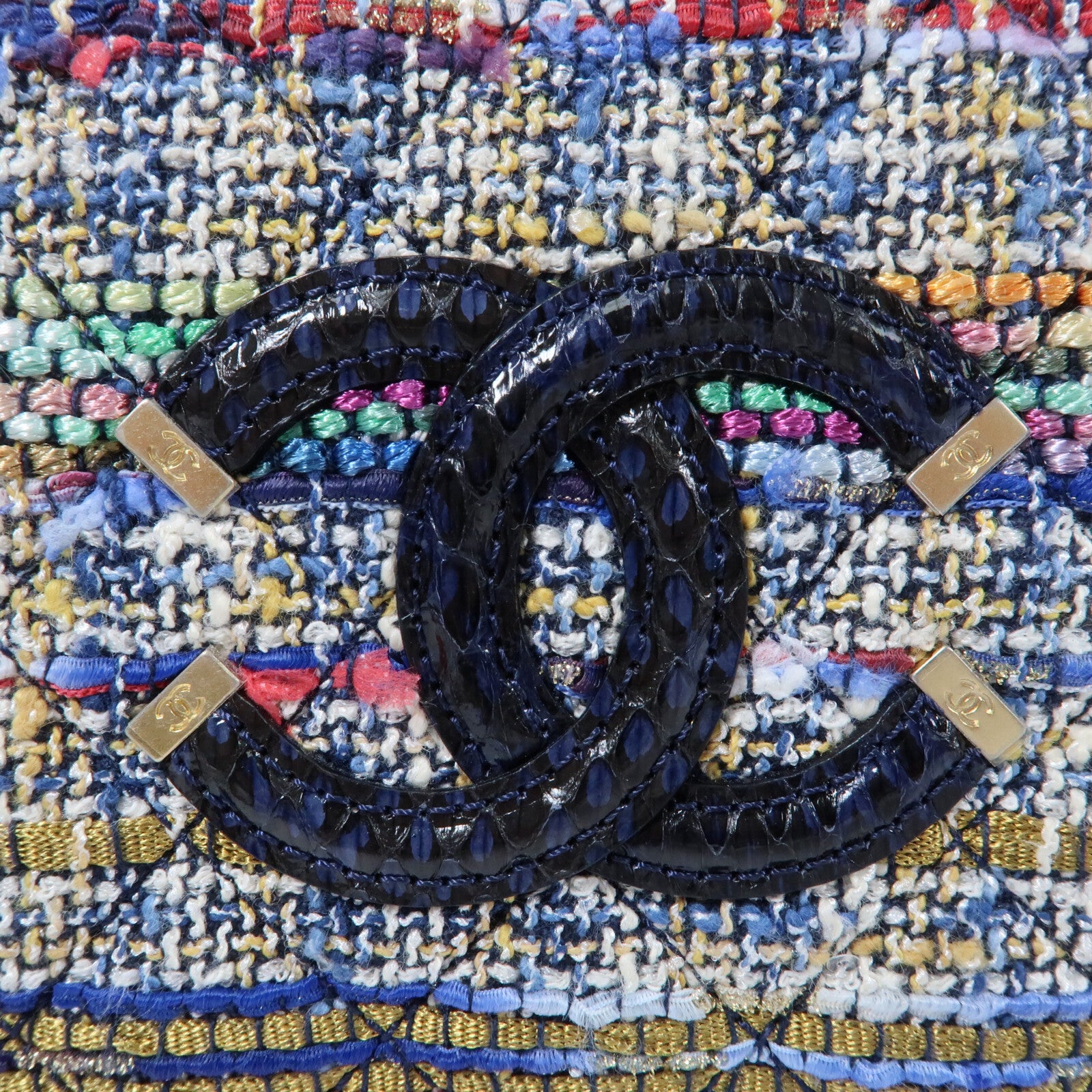 CHANEL Tweed/蛇皮皮革Vanity Case 17cm金扣鏈帶手挽肩背兩用袋