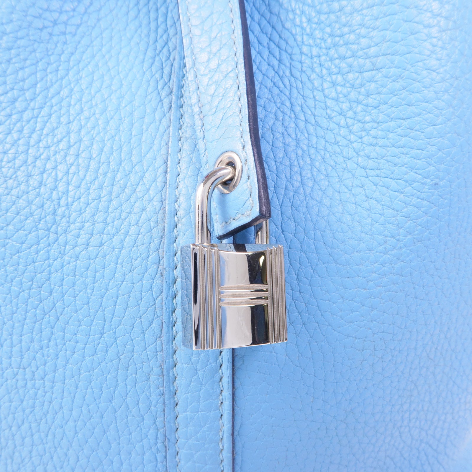 HERMES Clemence皮革Picotin MM銀扣手挽袋Bleu Atoll/Rouge De Coeur