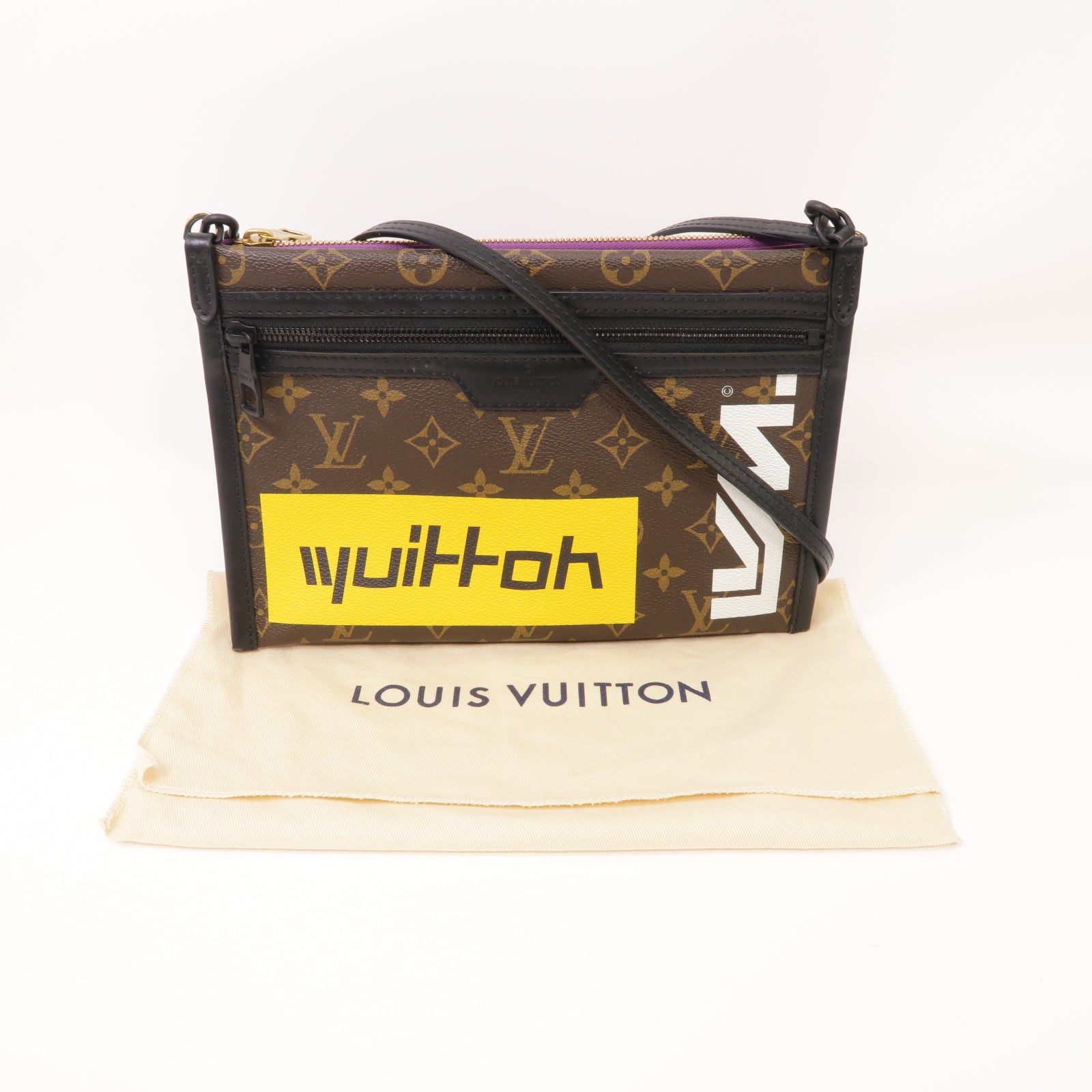 LOUIS VUITTON Monogram Flat Messenger Bag金扣肩背袋棕色/紫色