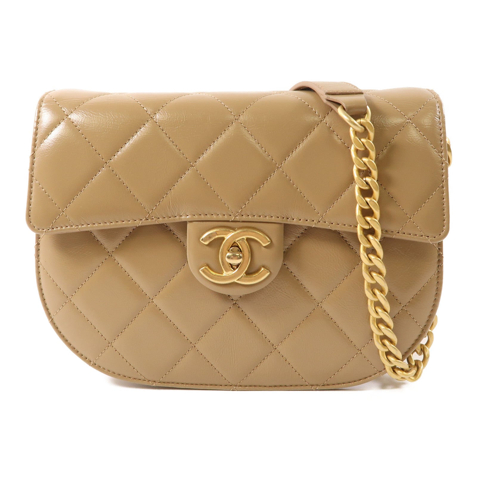 CHANEL 牛皮皮革Chain Shoulder Bag金扣鏈帶肩背袋淺啡色