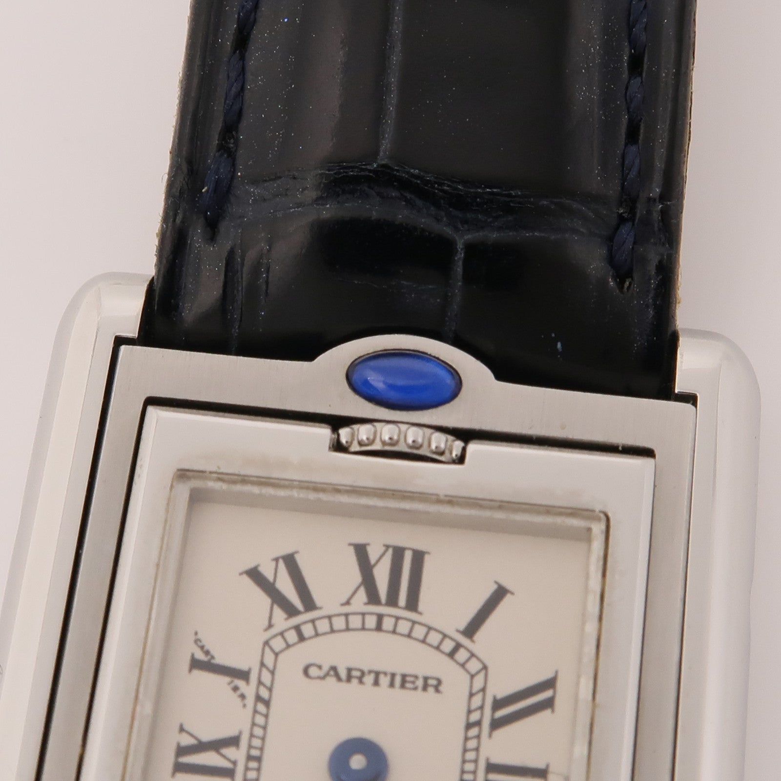 CARTIER Tank Basculante不鏽鋼/鱷魚皮革帶手錶石英機芯米色