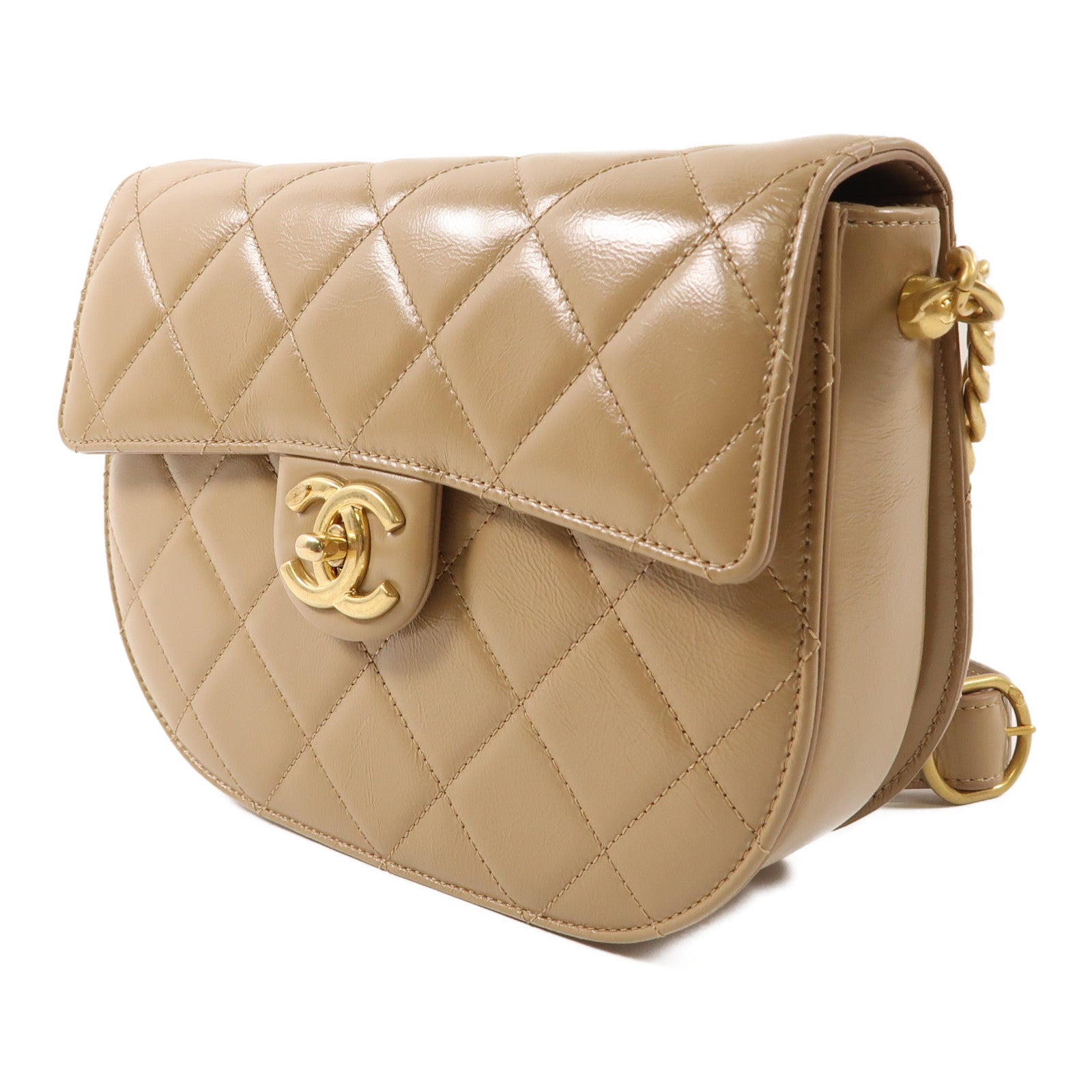 CHANEL 牛皮皮革Chain Shoulder Bag金扣鏈帶肩背袋淺啡色