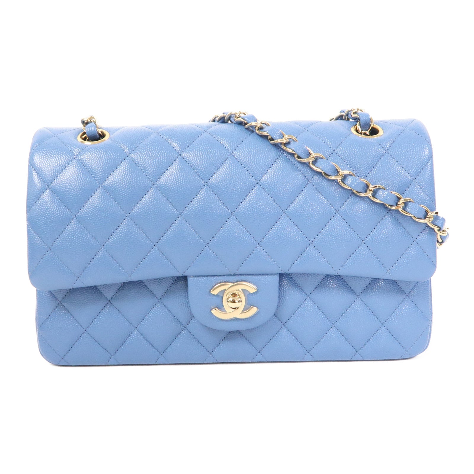 CHANEL 菱格Caviar皮革Classic Flap 25cm金扣鏈帶肩背袋藍色