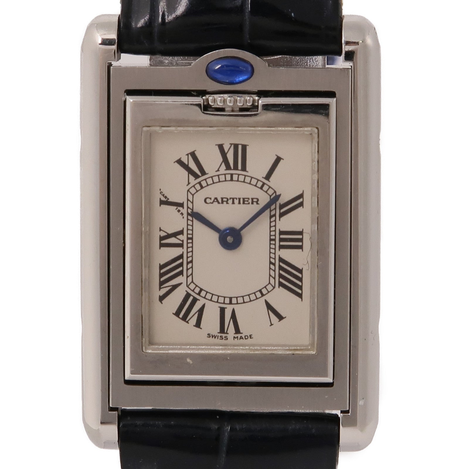 CARTIER Tank Basculante不鏽鋼/鱷魚皮革帶手錶石英機芯米色