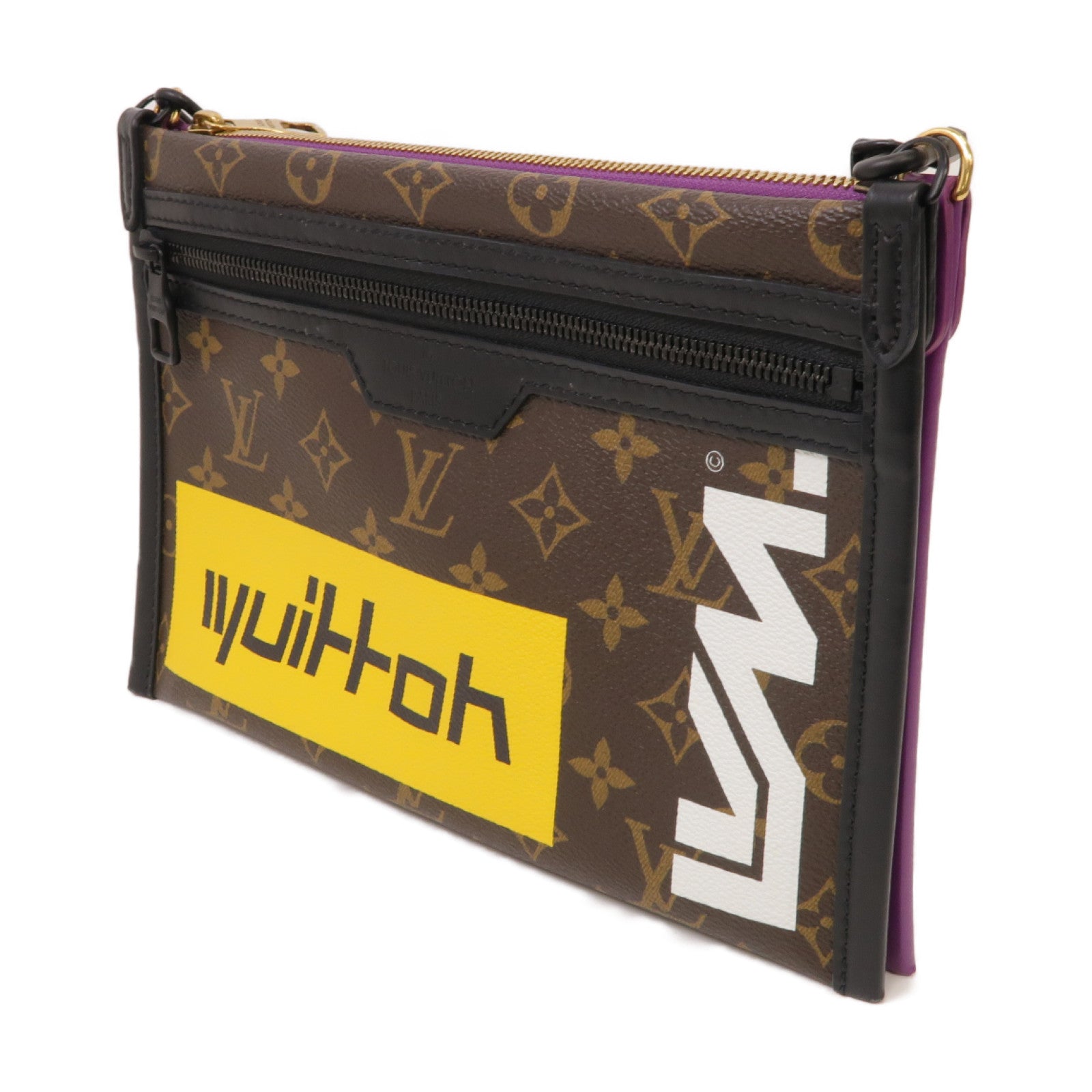 LOUIS VUITTON Monogram Flat Messenger Bag金扣肩背袋棕色/紫色
