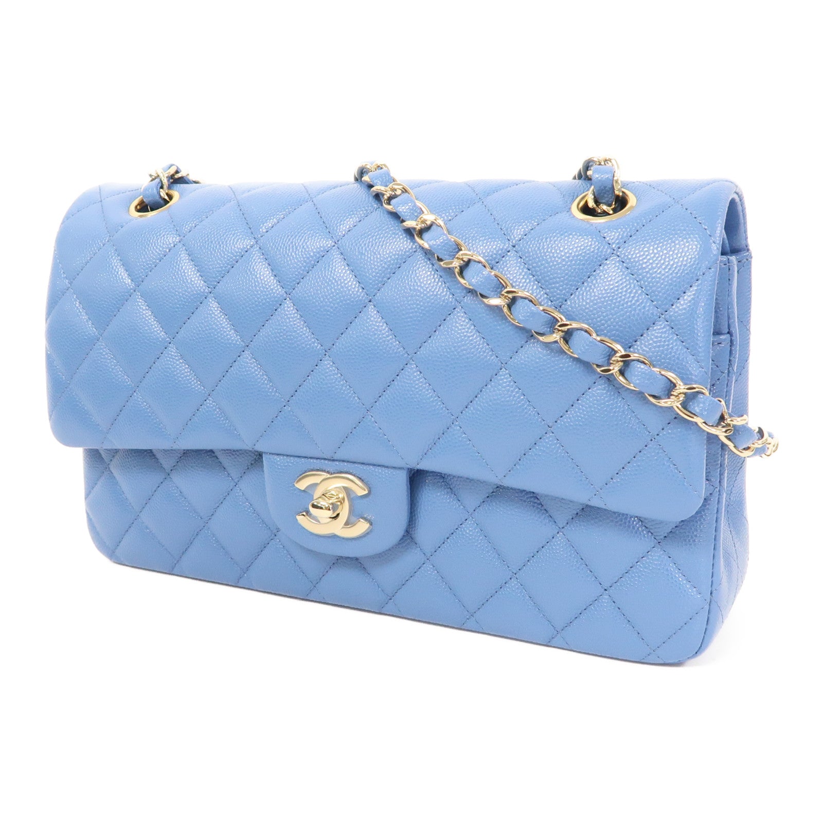 CHANEL 菱格Caviar皮革Classic Flap 25cm金扣鏈帶肩背袋藍色