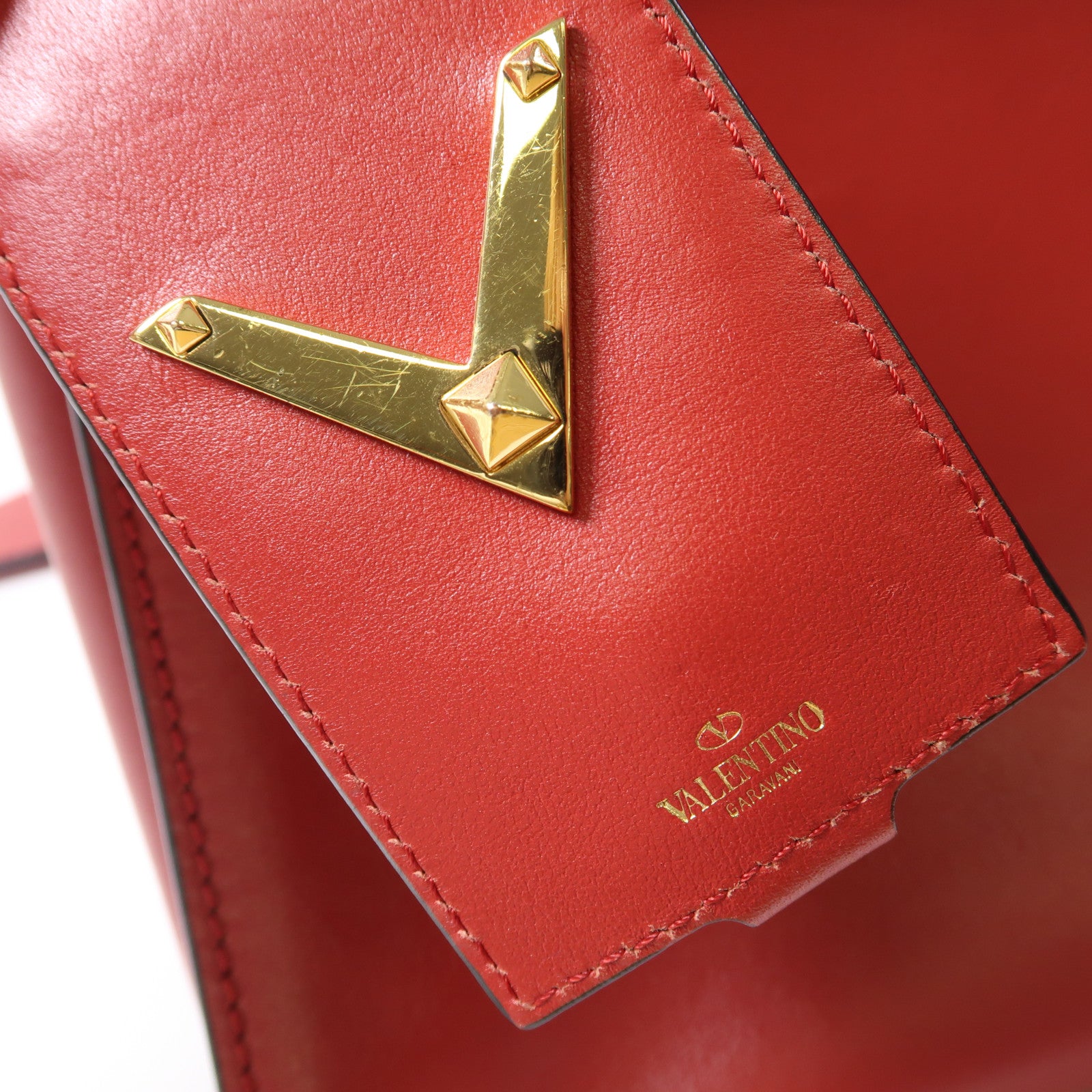 Valentino GHW 2 Way Shoulder Bag Calfskin Leather Red