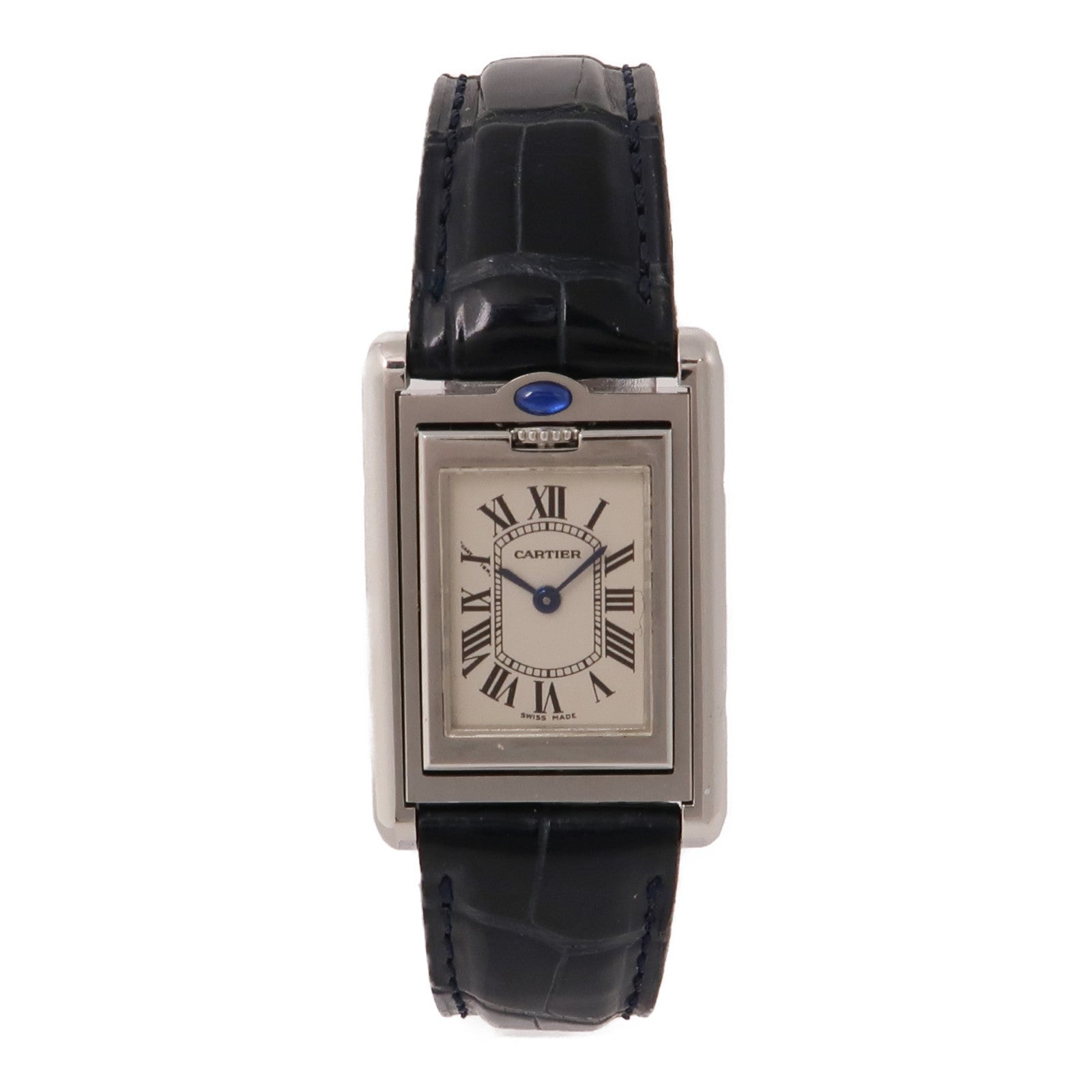 CARTIER Tank Basculante不鏽鋼/鱷魚皮革帶手錶石英機芯米色