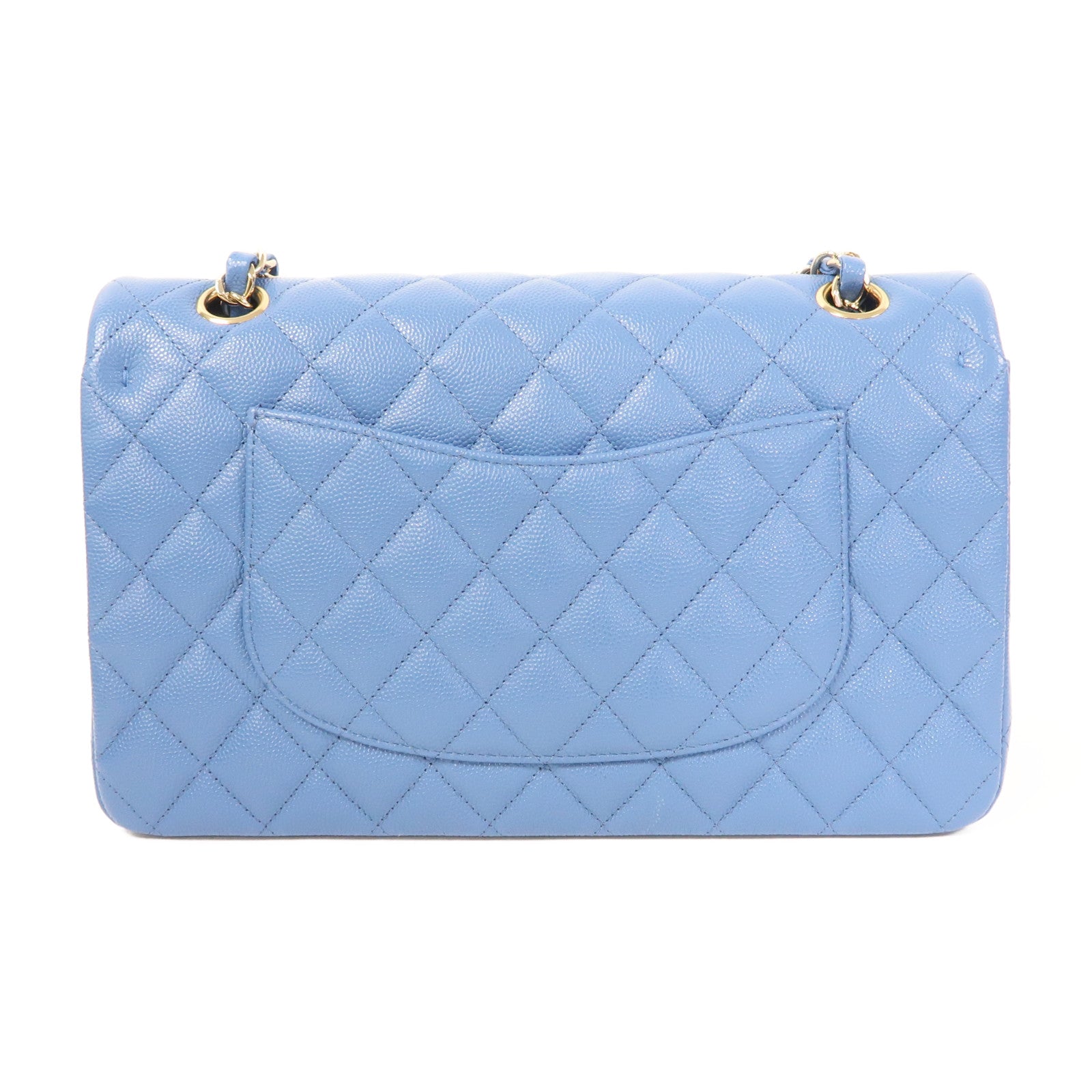 CHANEL 菱格Caviar皮革Classic Flap 25cm金扣鏈帶肩背袋藍色