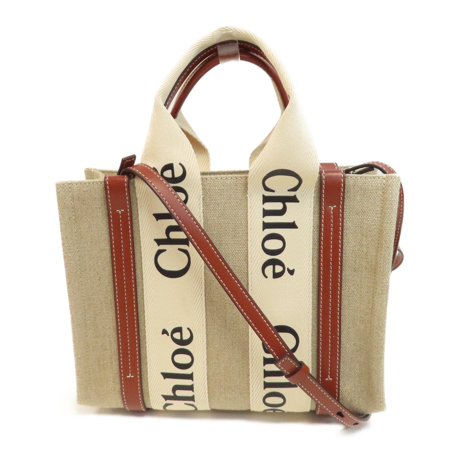 Chloe 帆布Woody Tote Bag金扣手挽肩背兩用袋米色